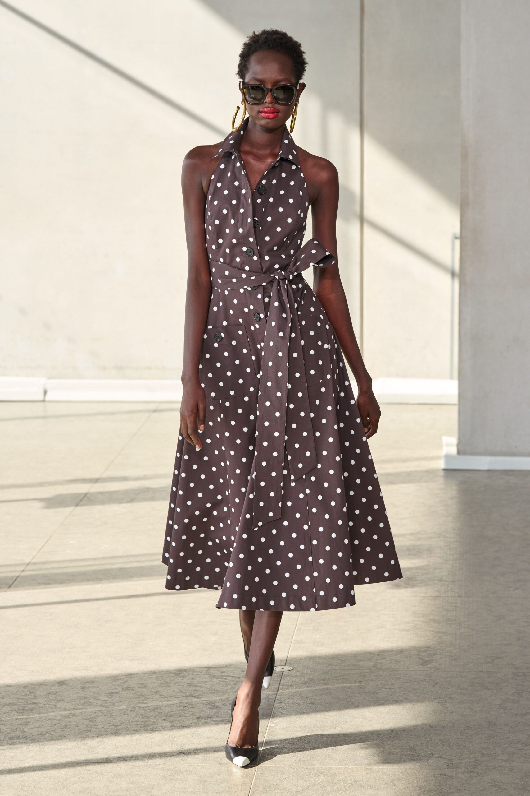 brown polka-dot midi dress