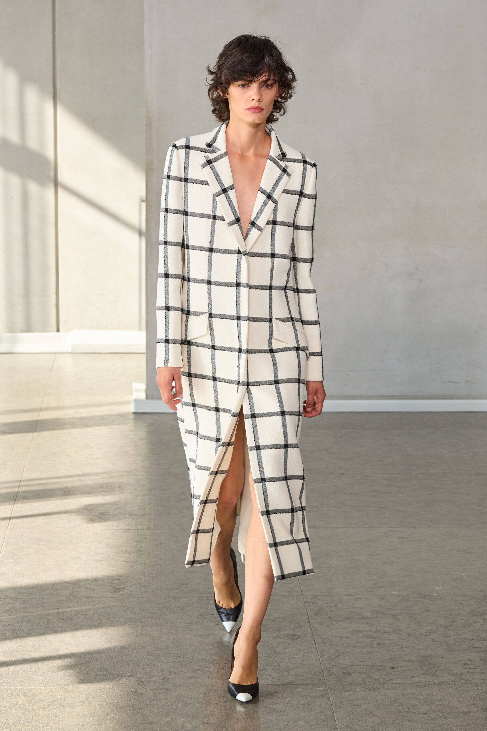 white cotton long-sleeve v-neck fitted checked midi dress