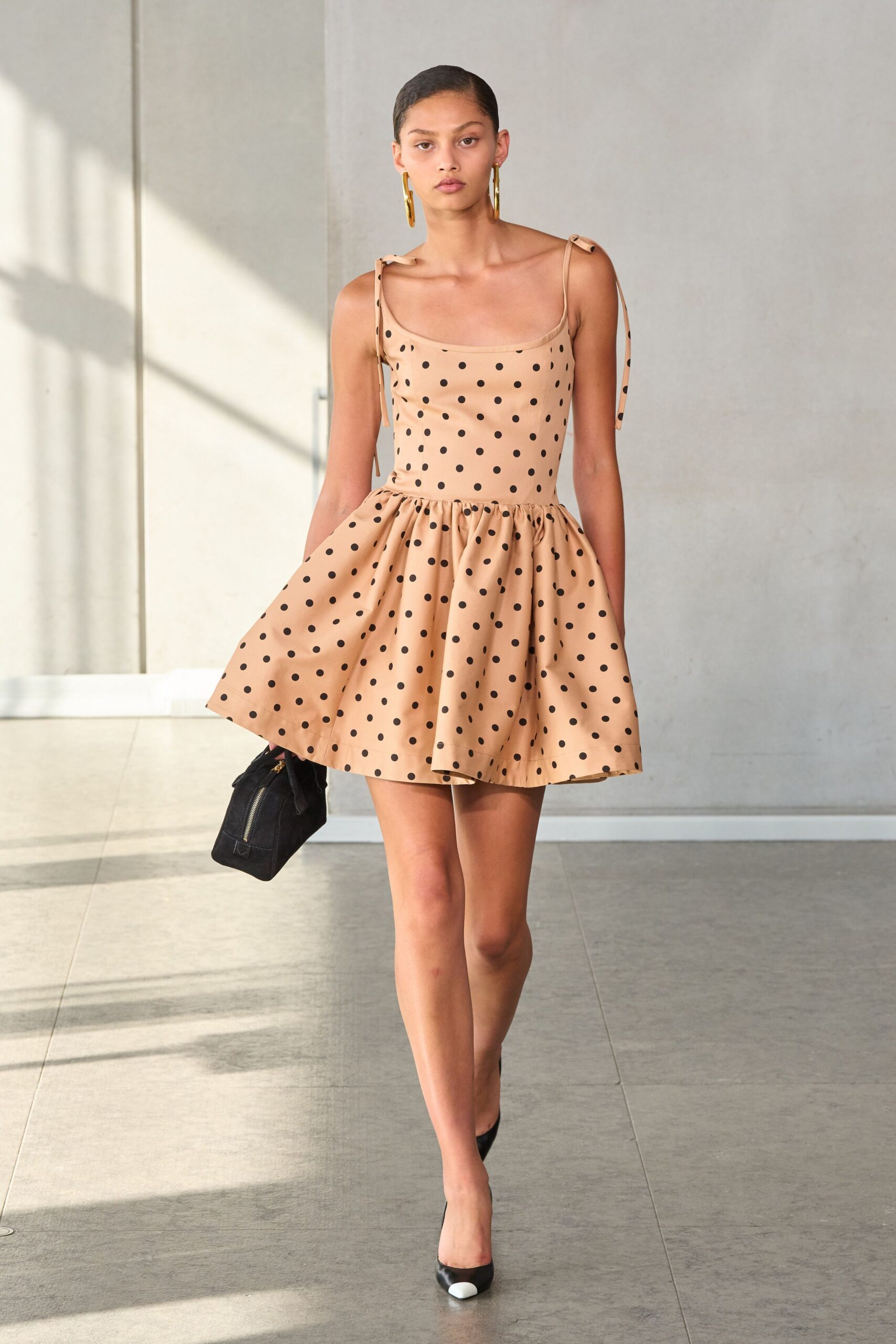 beige cotton sleeveless fitted polka-dot tiered mini dress