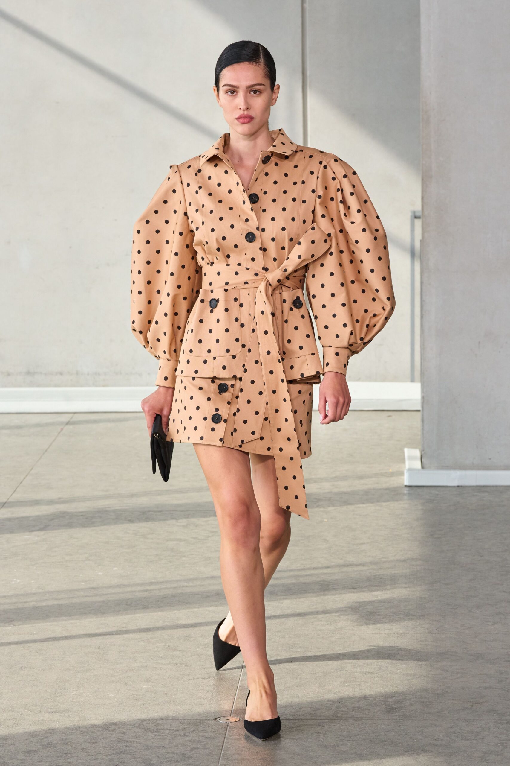 beige cotton long-sleeve collared fitted polka-dot belted dress