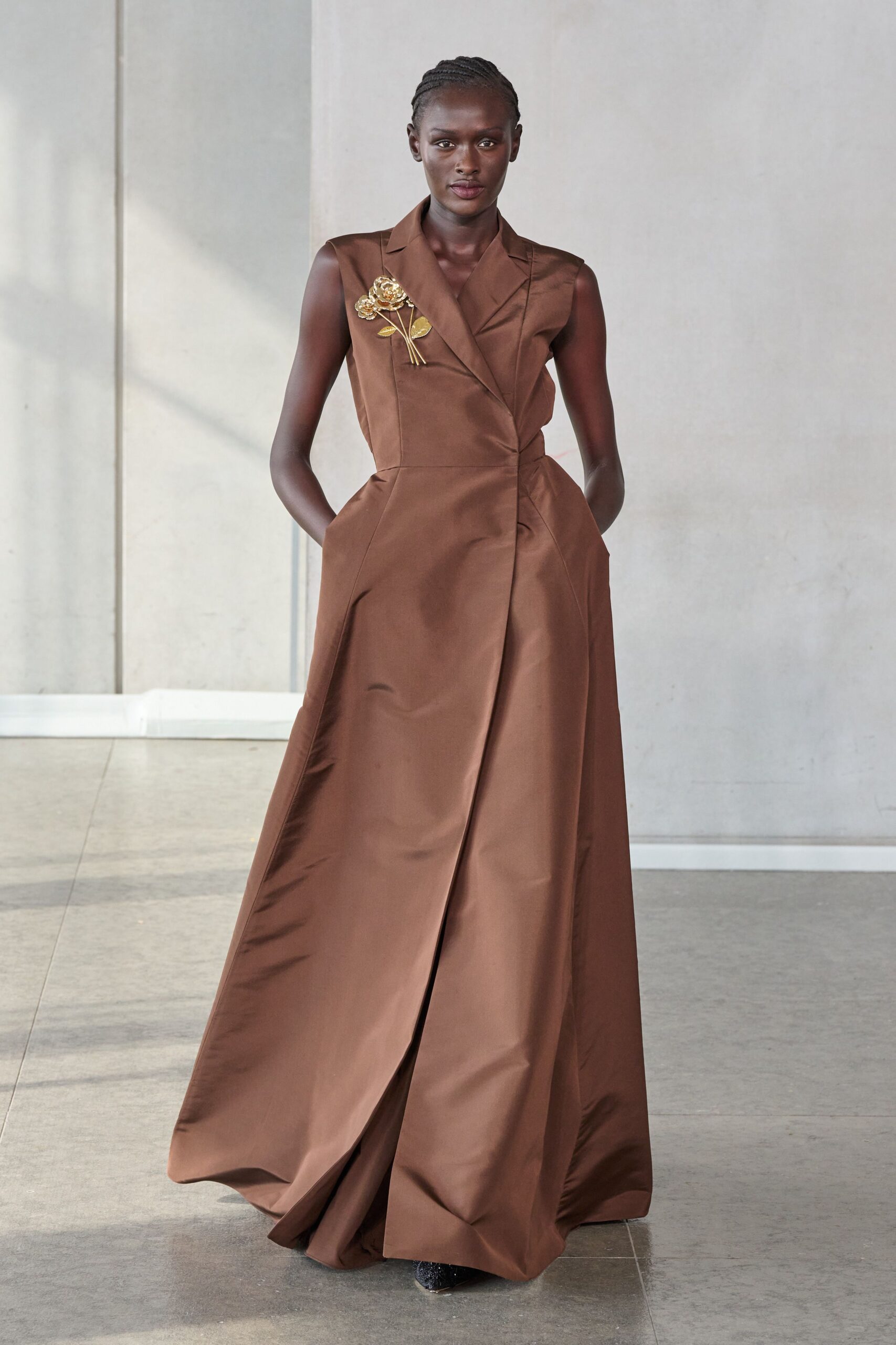 brown silk sleeveless gown