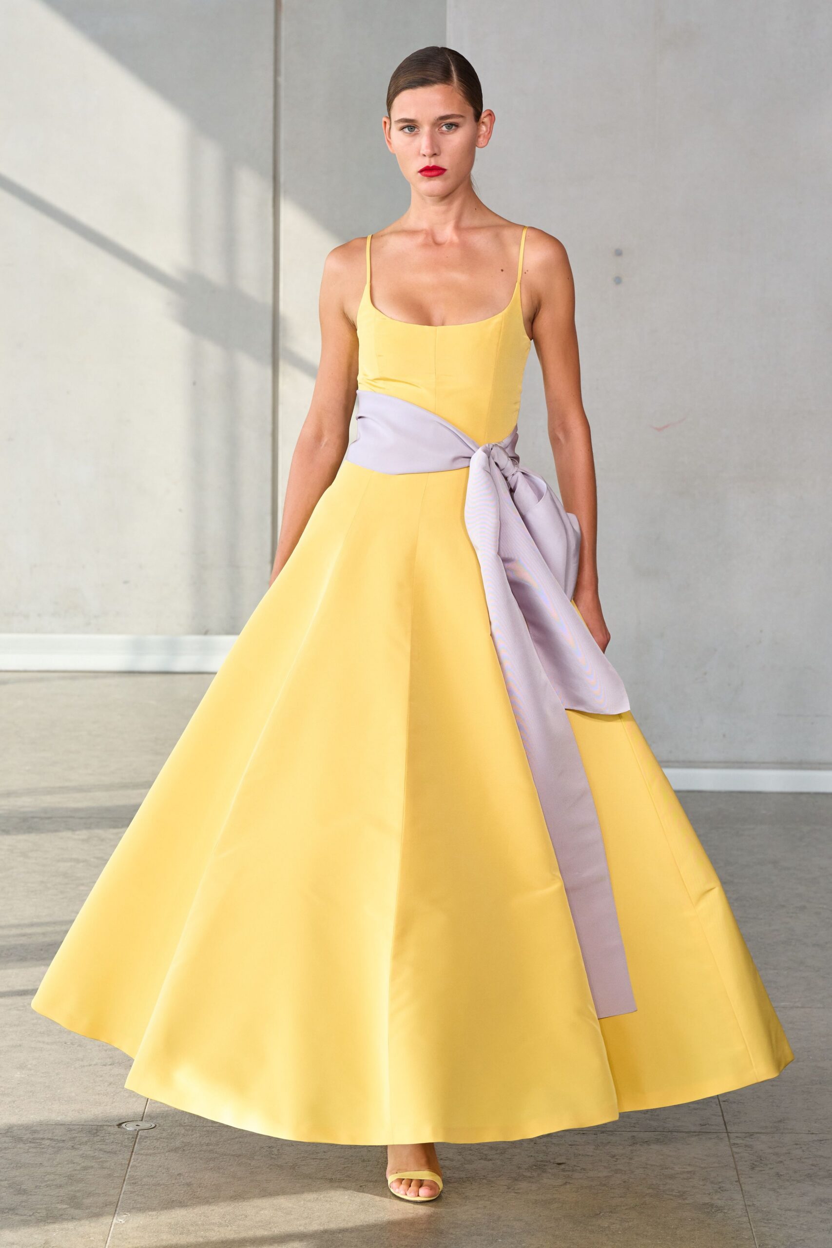 yellow silk sleeveless v-neck fitted a-line belted dress
