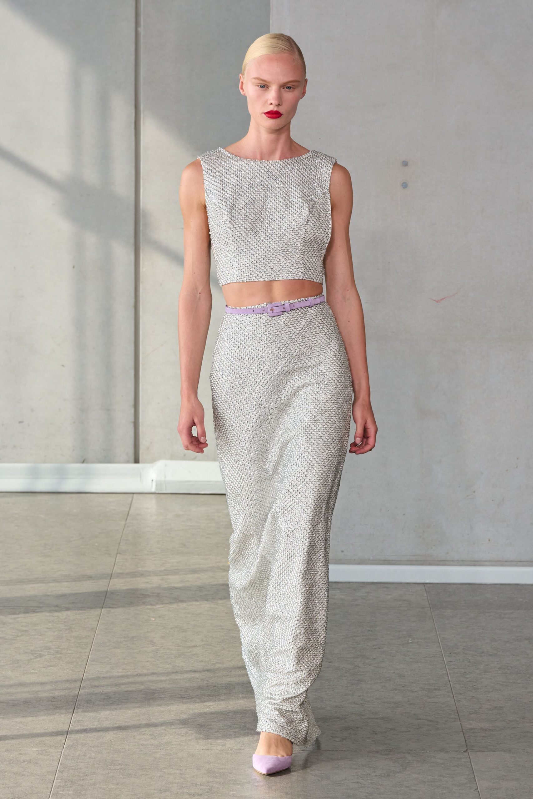 gray silk sleeveless high-neck fitted pleated shiny dress