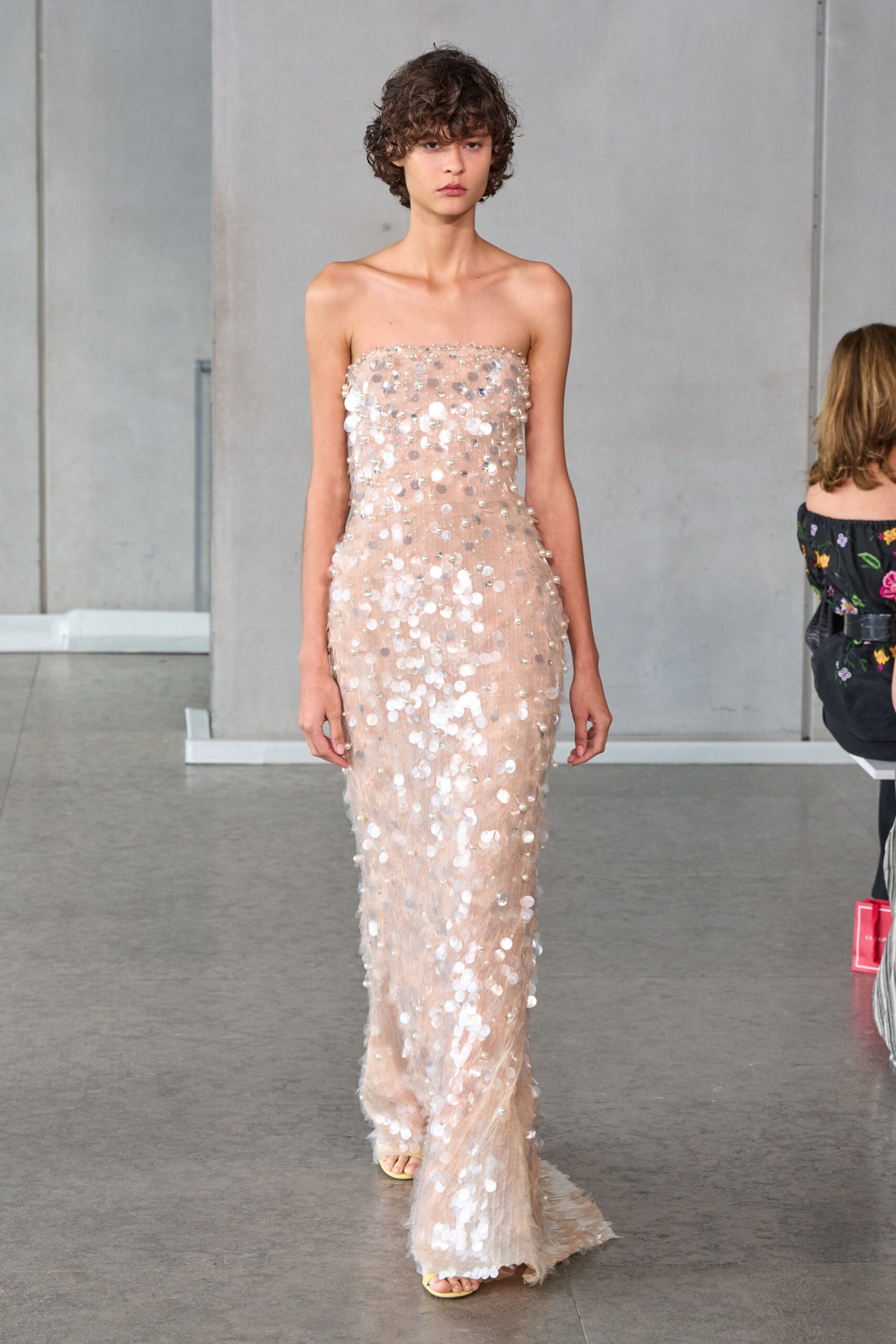 beige silk strapless fitted sequined shiny maxi gown