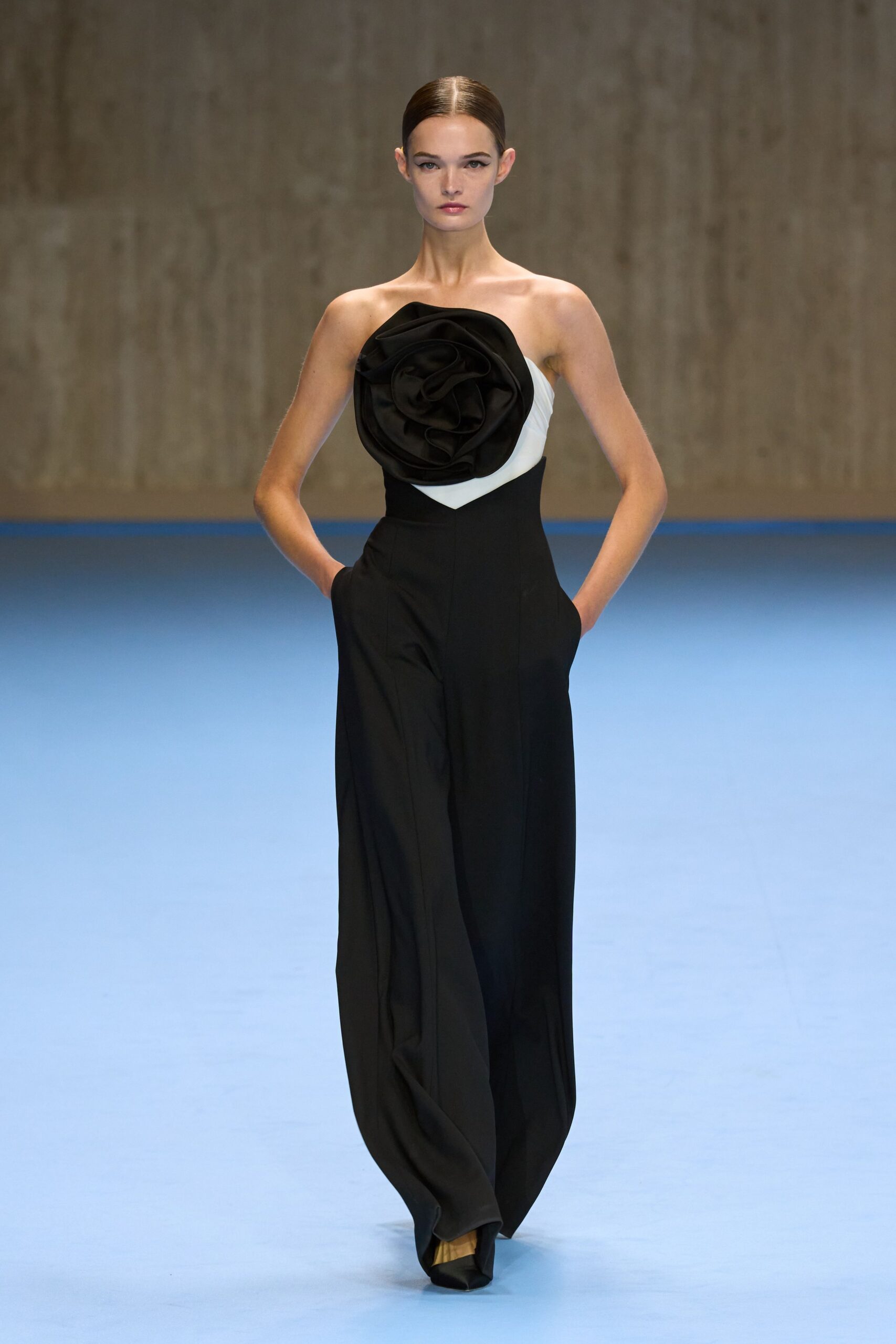 black cotton strapless v-neck fitted pleated flared jumpsuit