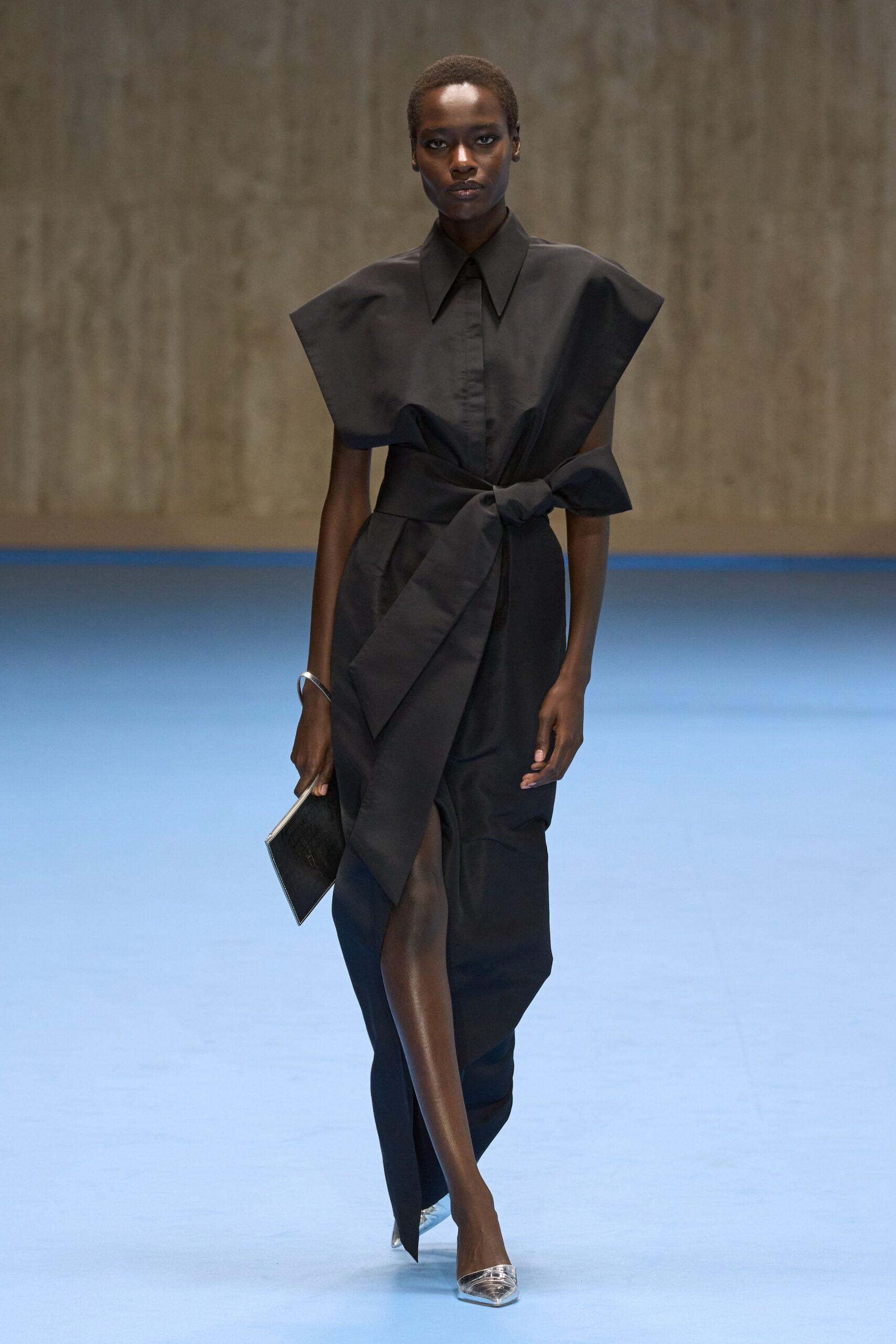 black cotton short-sleeve collared fitted belted draped dress