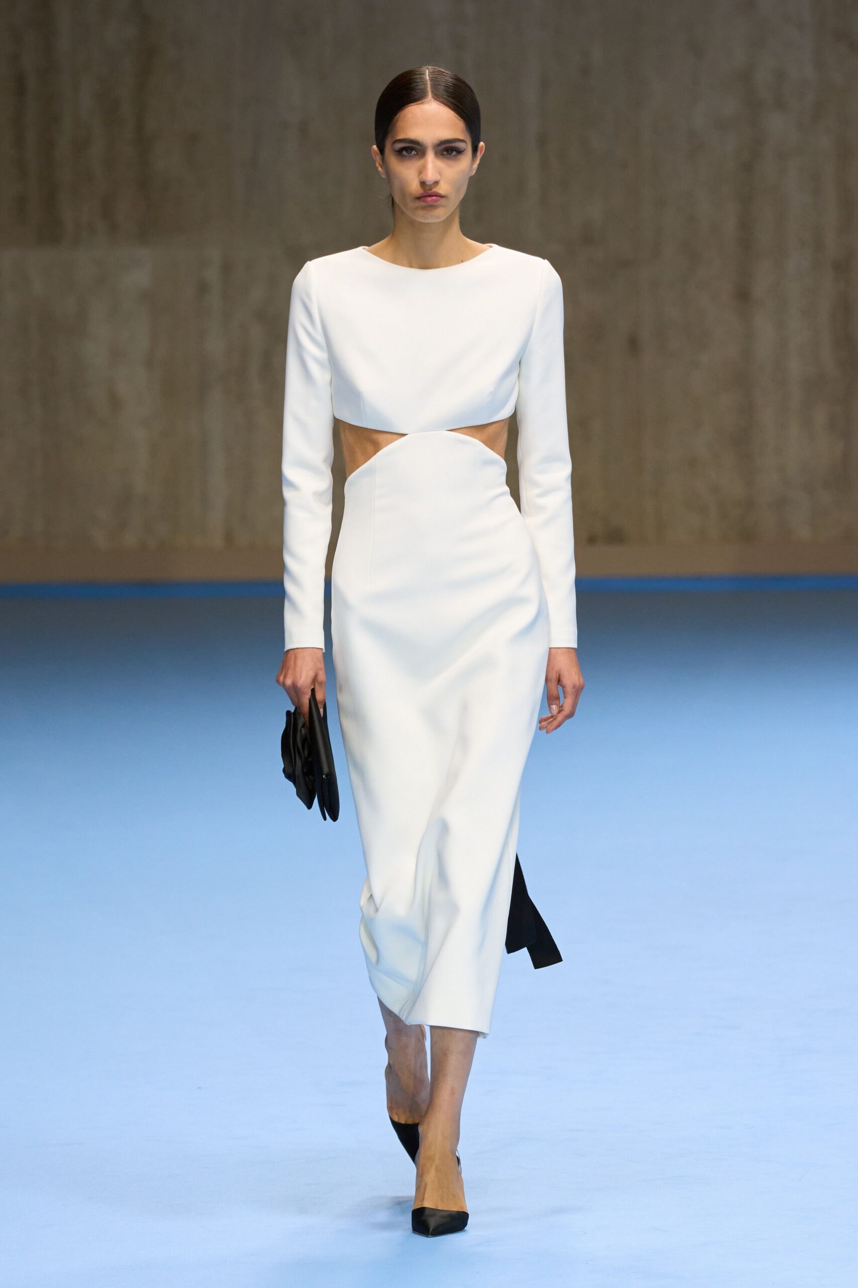 white cotton long-sleeve v-neck fitted straight-leg midi dress