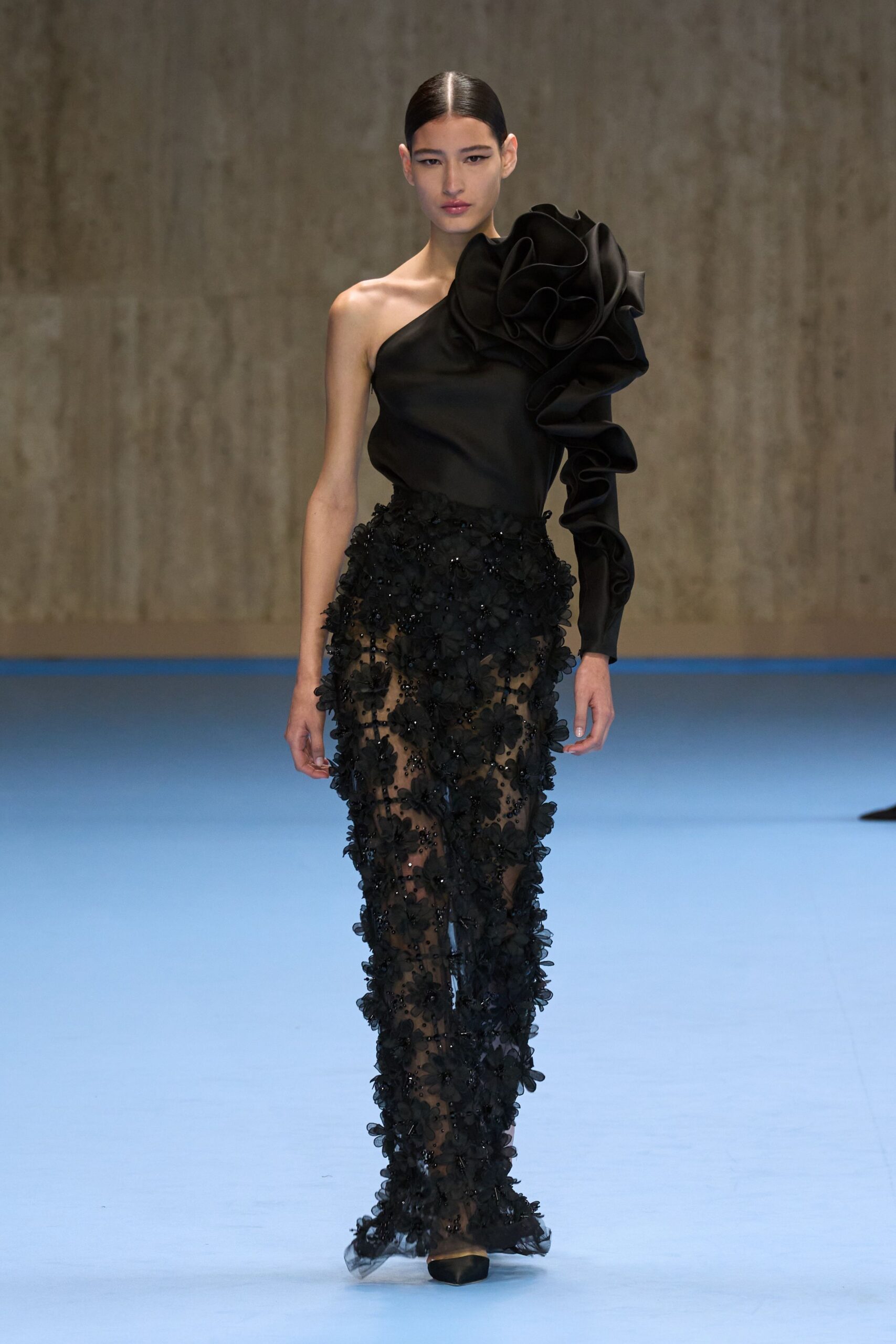 black silk sleeveless off-shoulder fitted ruffled top