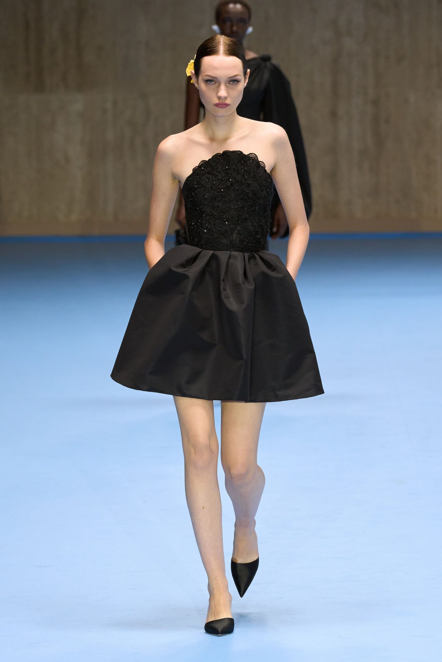 black silk strapless fitted pleated embroidered mini dress