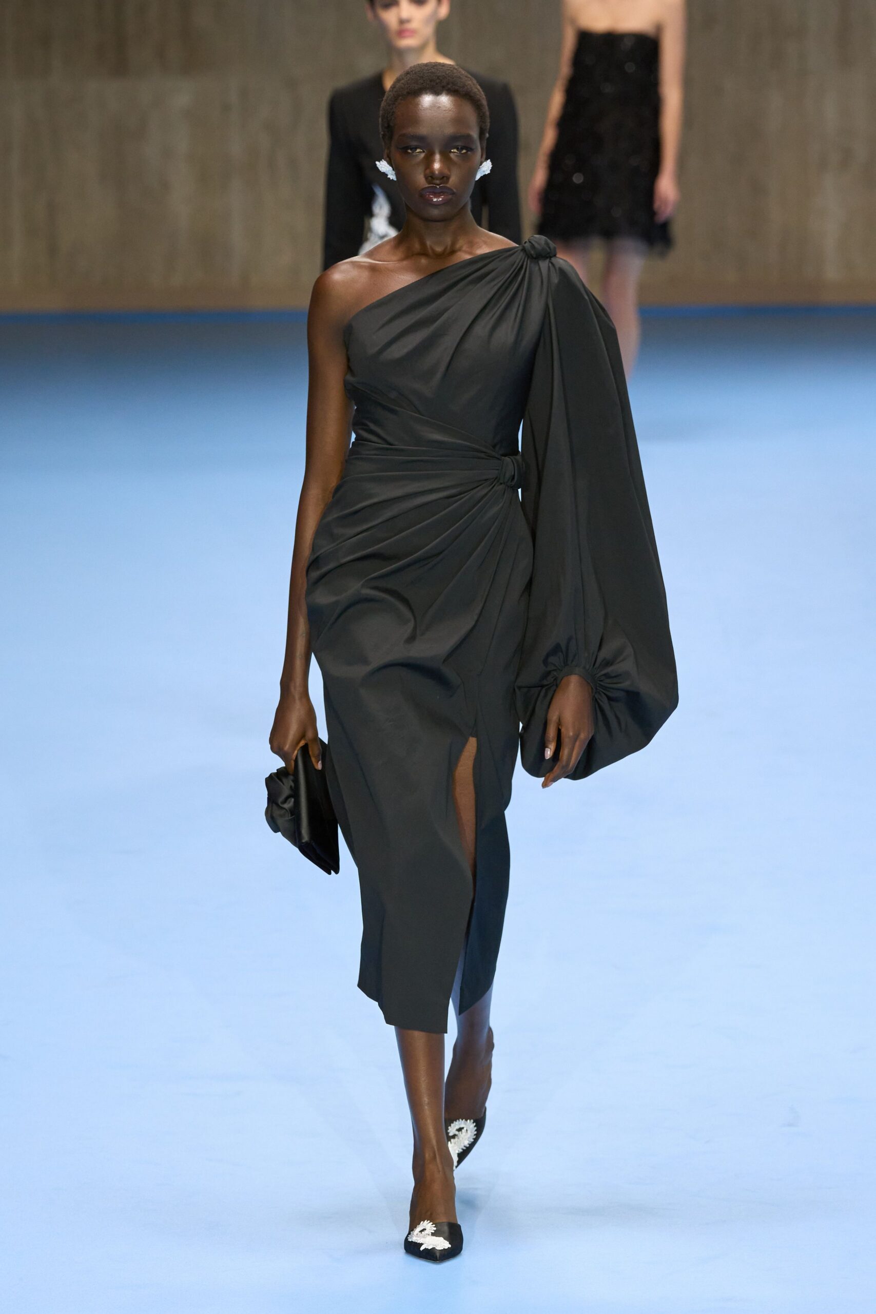 black cotton sleeveless asymmetric fitted draped midi dress