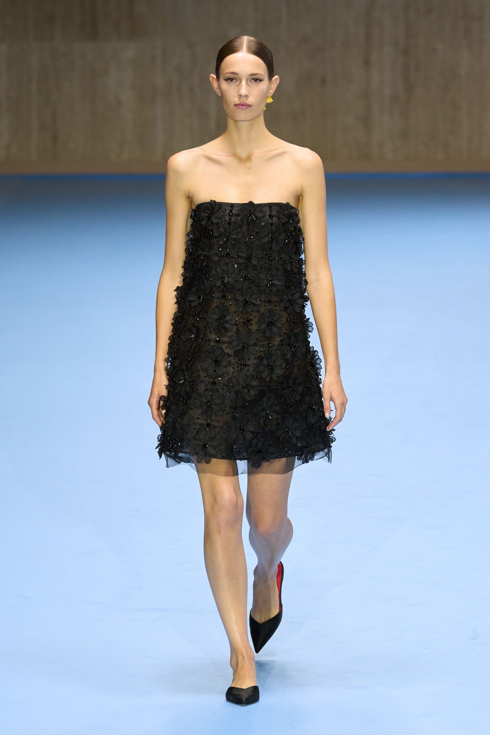 black lace strapless fitted embroidered mini dress