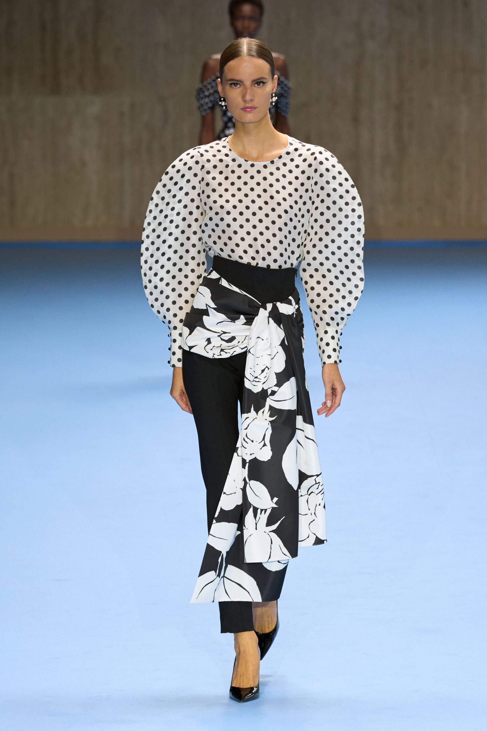 polka-dot top with tailored pants