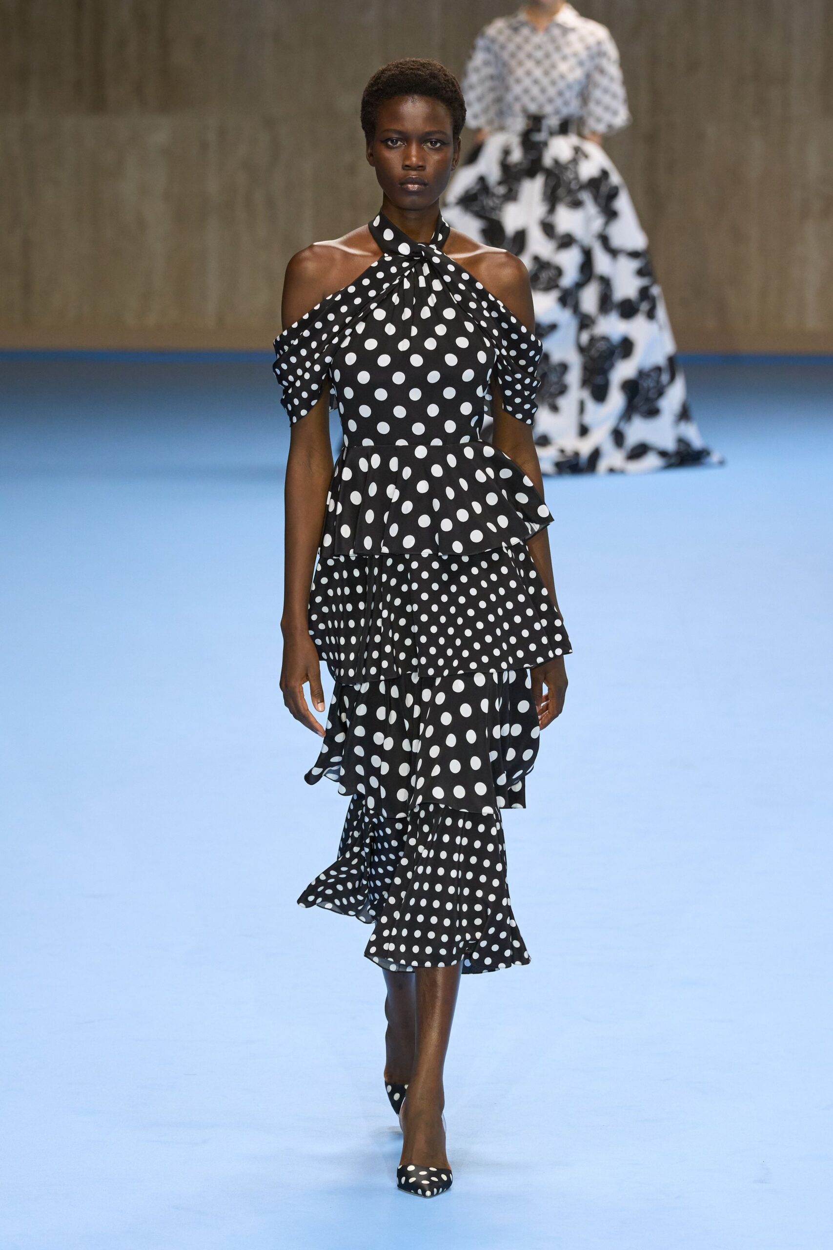black cotton off-shoulder sleeveless fitted ruffled polka-dot dress