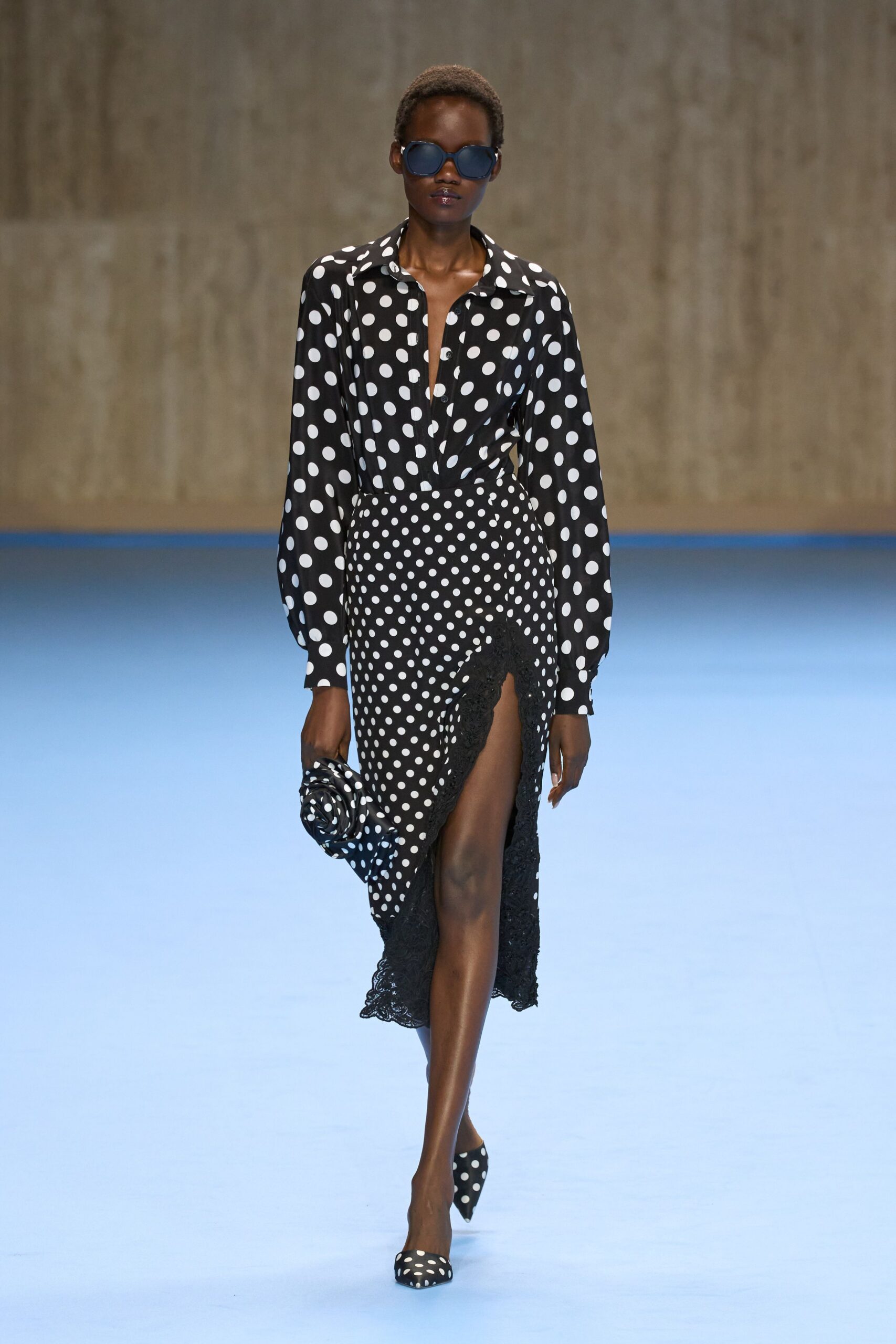 black cotton long-sleeve collared fitted polka-dot buttoned shirt-dress