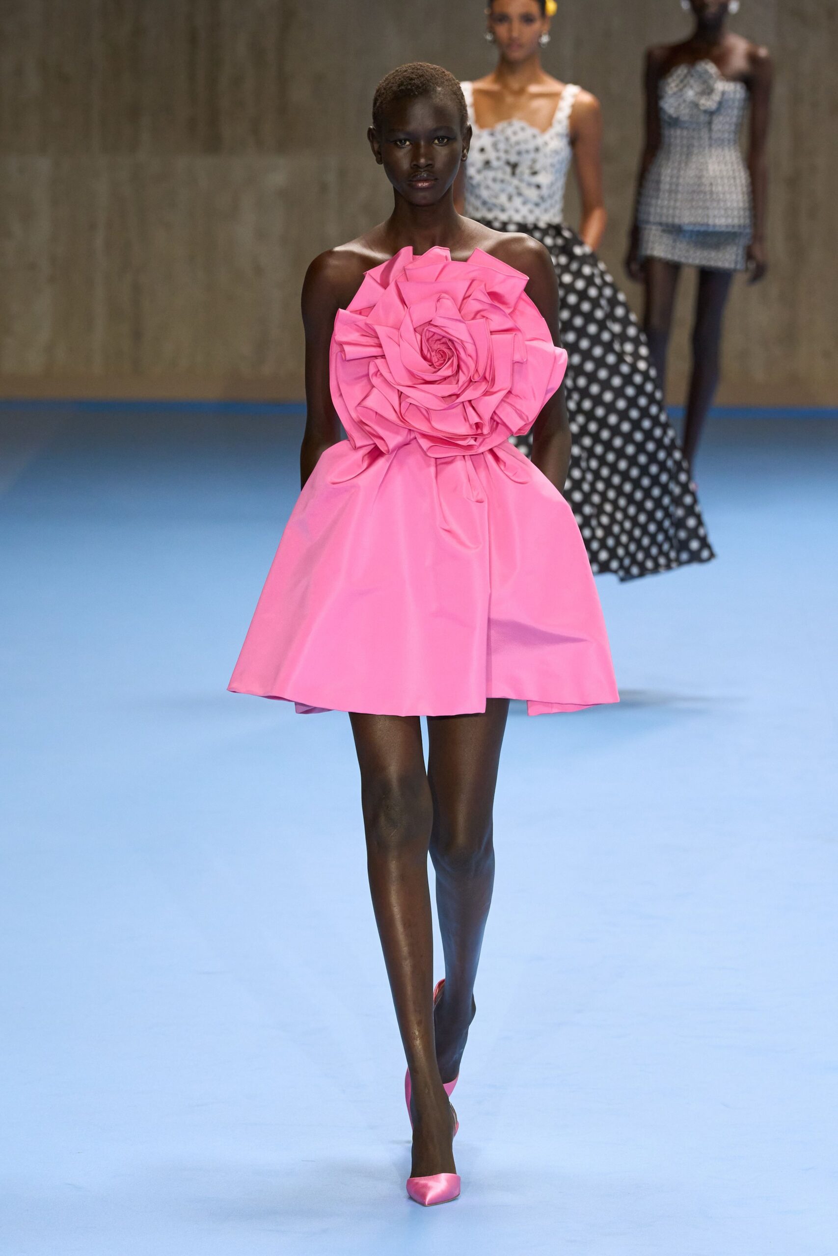 pink cotton strapless fitted pleated mini dress