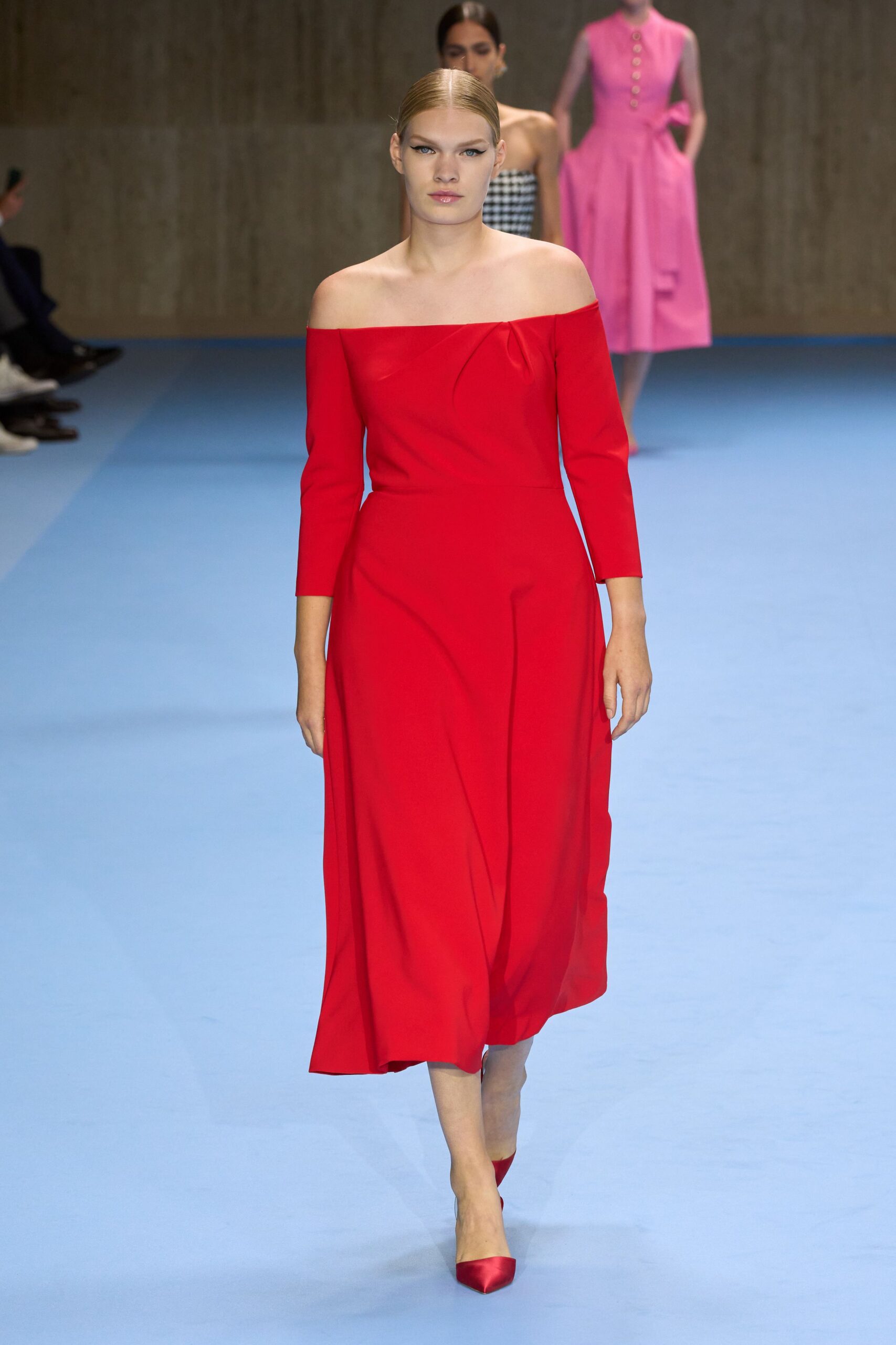 red silk long-sleeve off-shoulder fitted draped midi dress