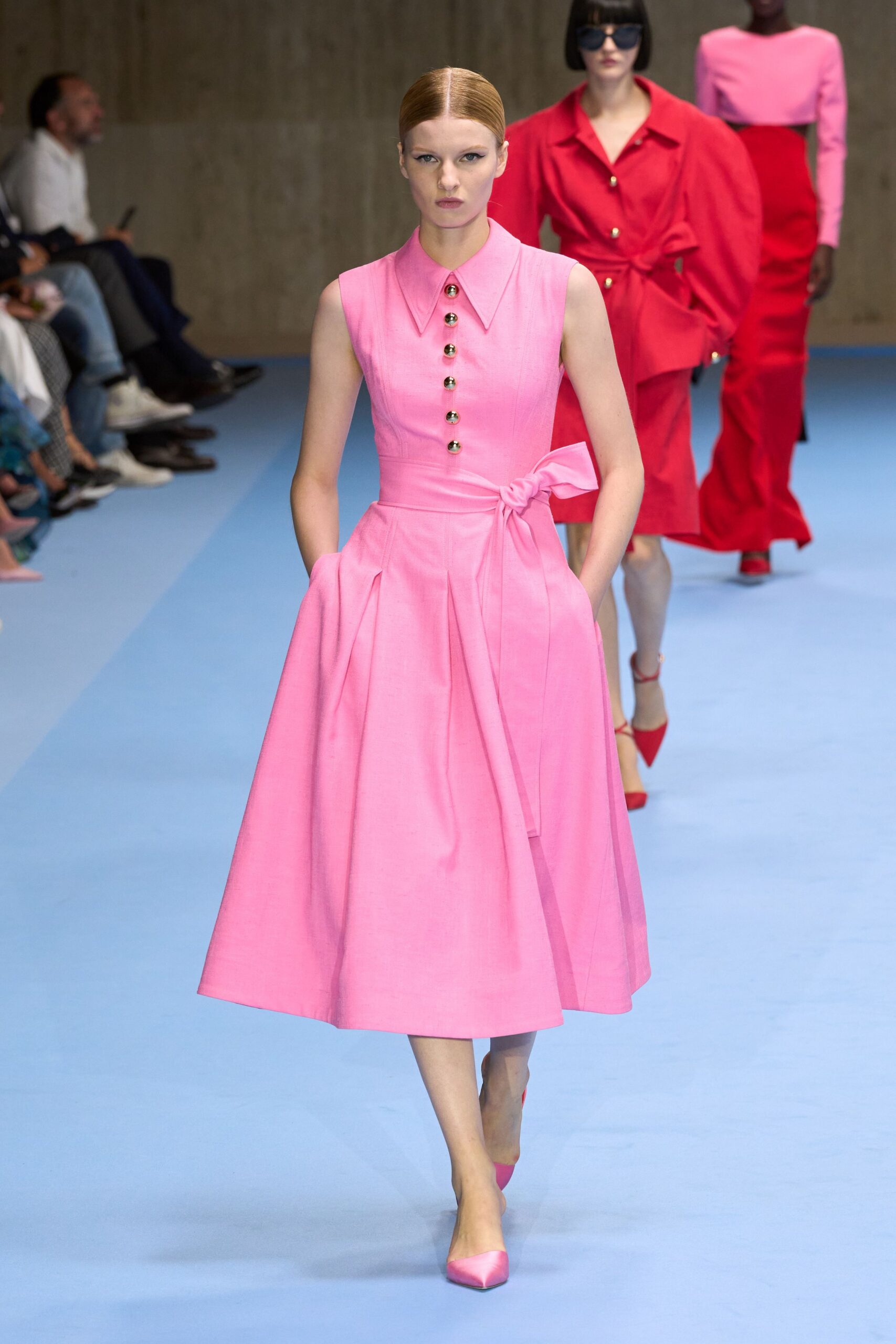 pink cotton sleeveless collared fitted pleated belted dress