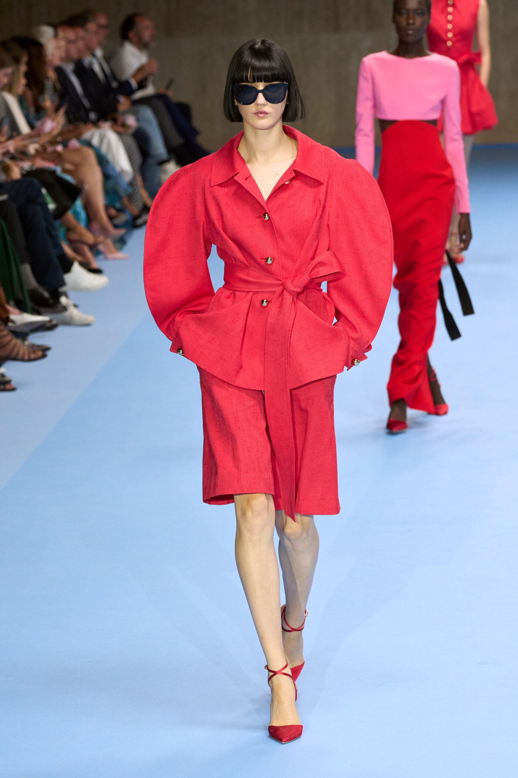 red cotton long-sleeve collared fitted buttoned belted dress