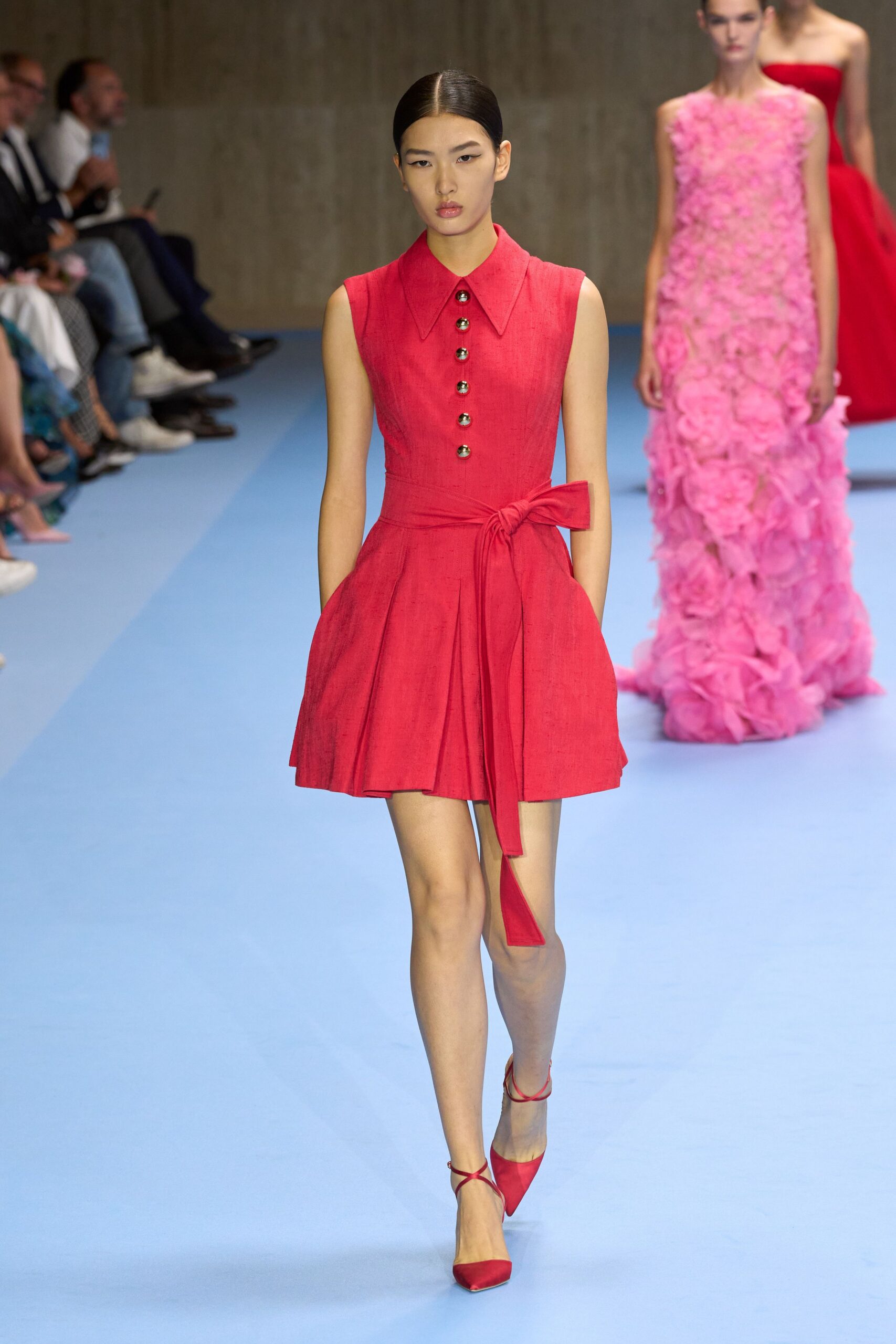 red cotton sleeveless collared fitted buttoned flared dress