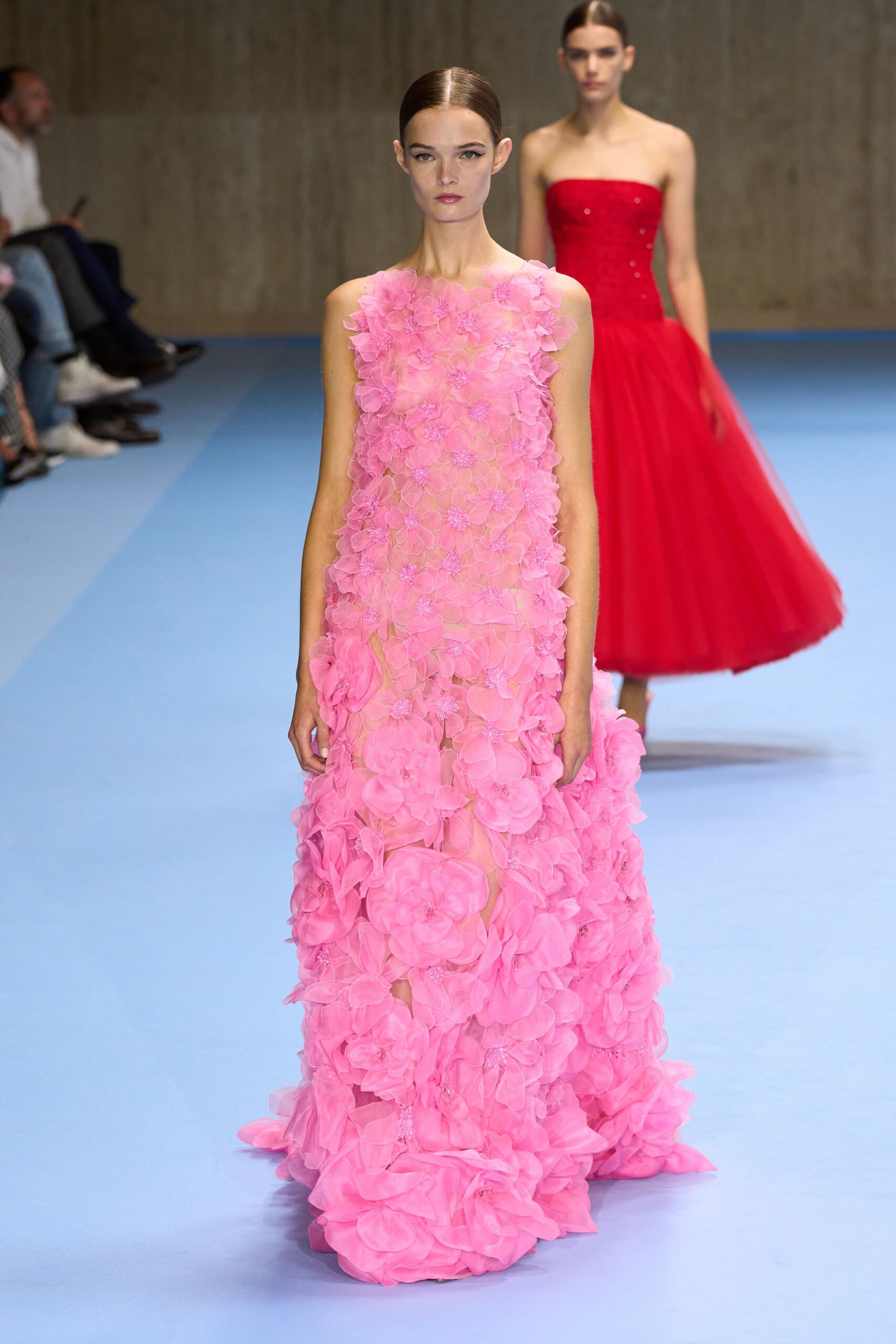 pink silk sleeveless high-neck fitted floral layered gown