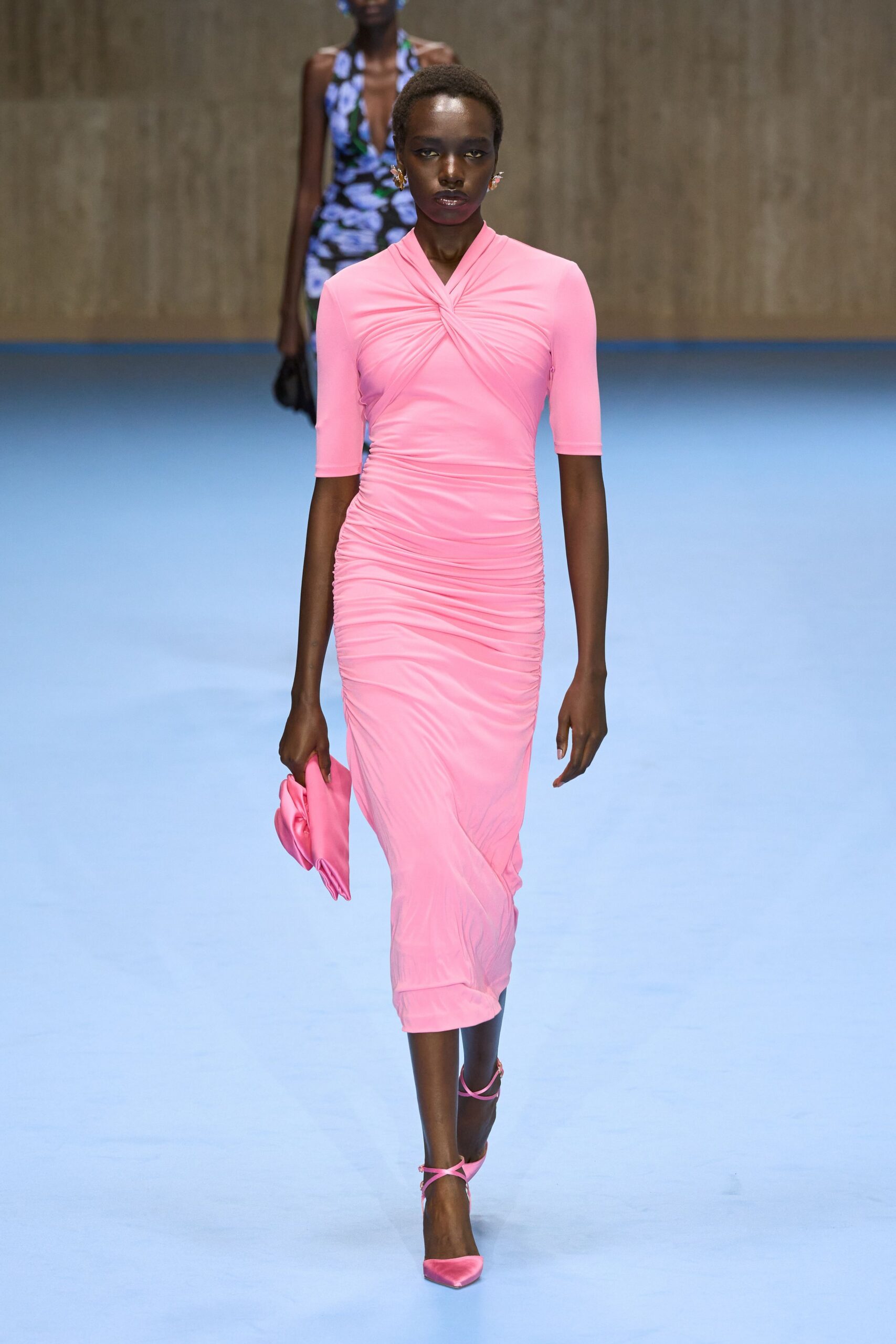 pink silk short-sleeve v-neck fitted ruched flowing dress