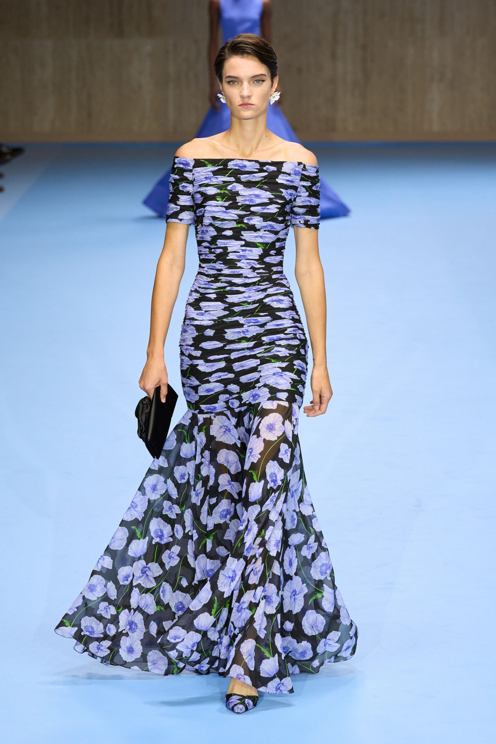 purple floral off-shoulder gown