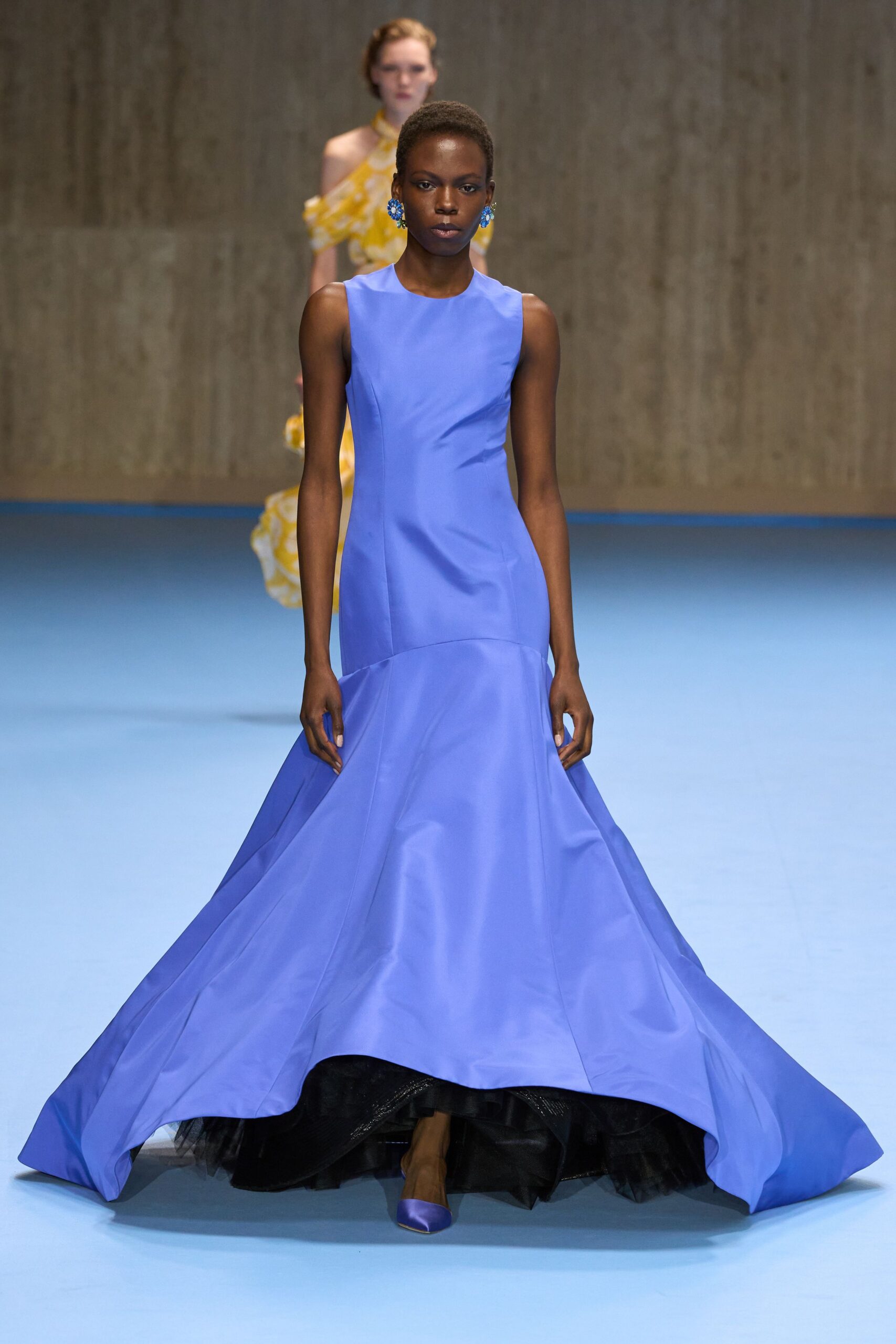 blue silk sleeveless high-neck fitted flared maxi gown