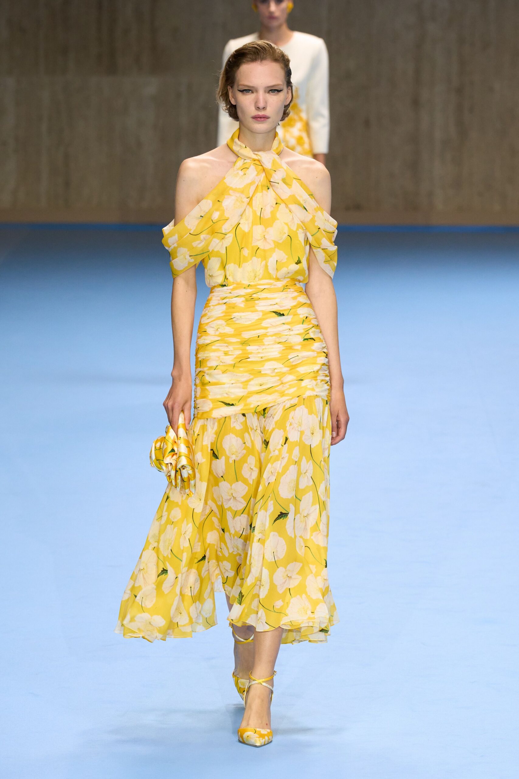 yellow silk sleeveless off-shoulder fitted ruched flared dress