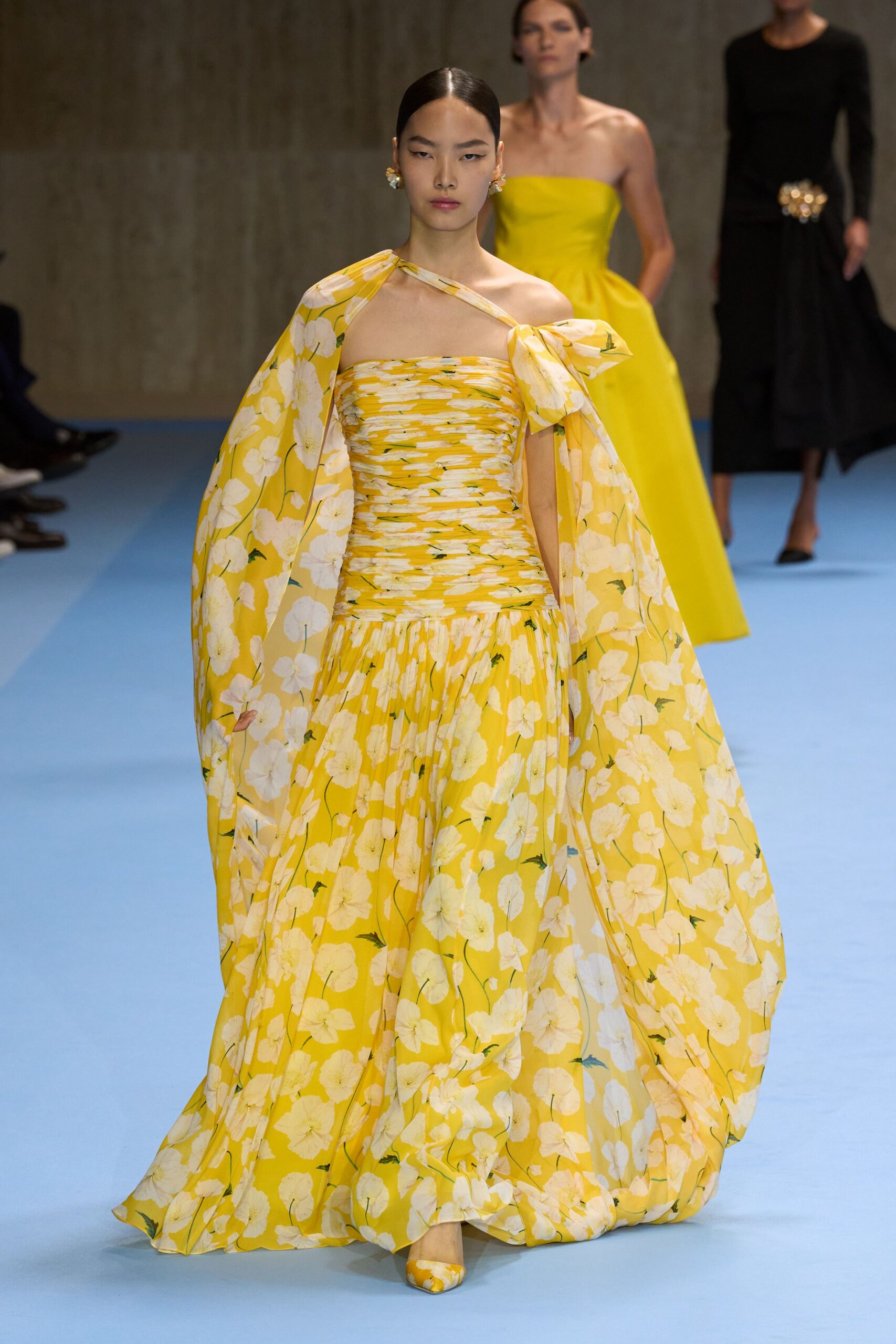 yellow silk strapless fitted floral tiered maxi gown