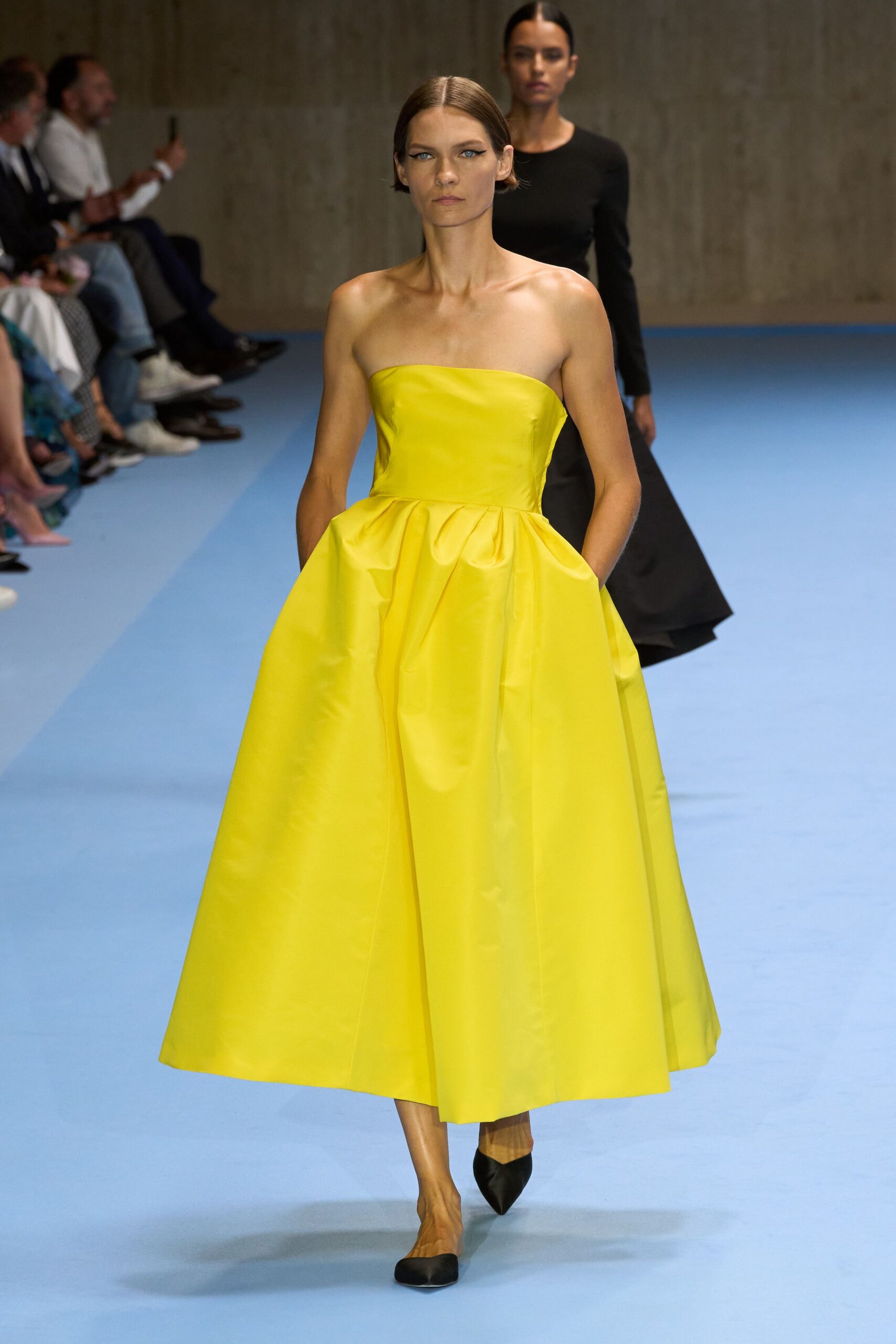 yellow silk strapless fitted pleated midi dress