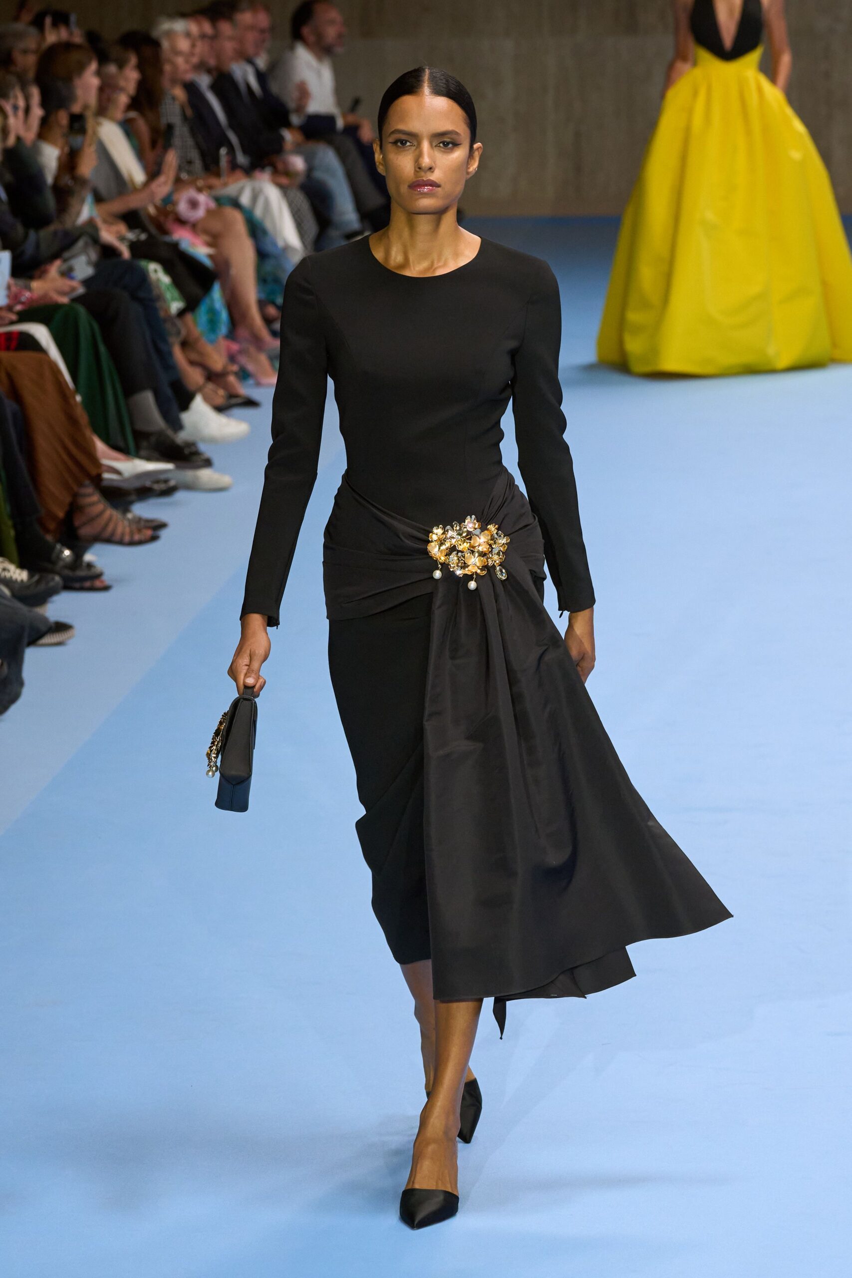 black silk long-sleeve v-neck fitted draped belted dress