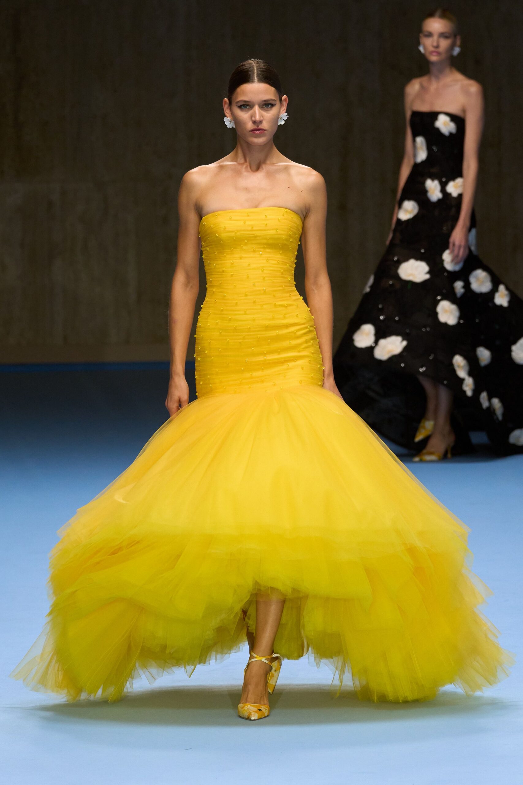 yellow tulle strapless fitted pleated tiered flowing gown