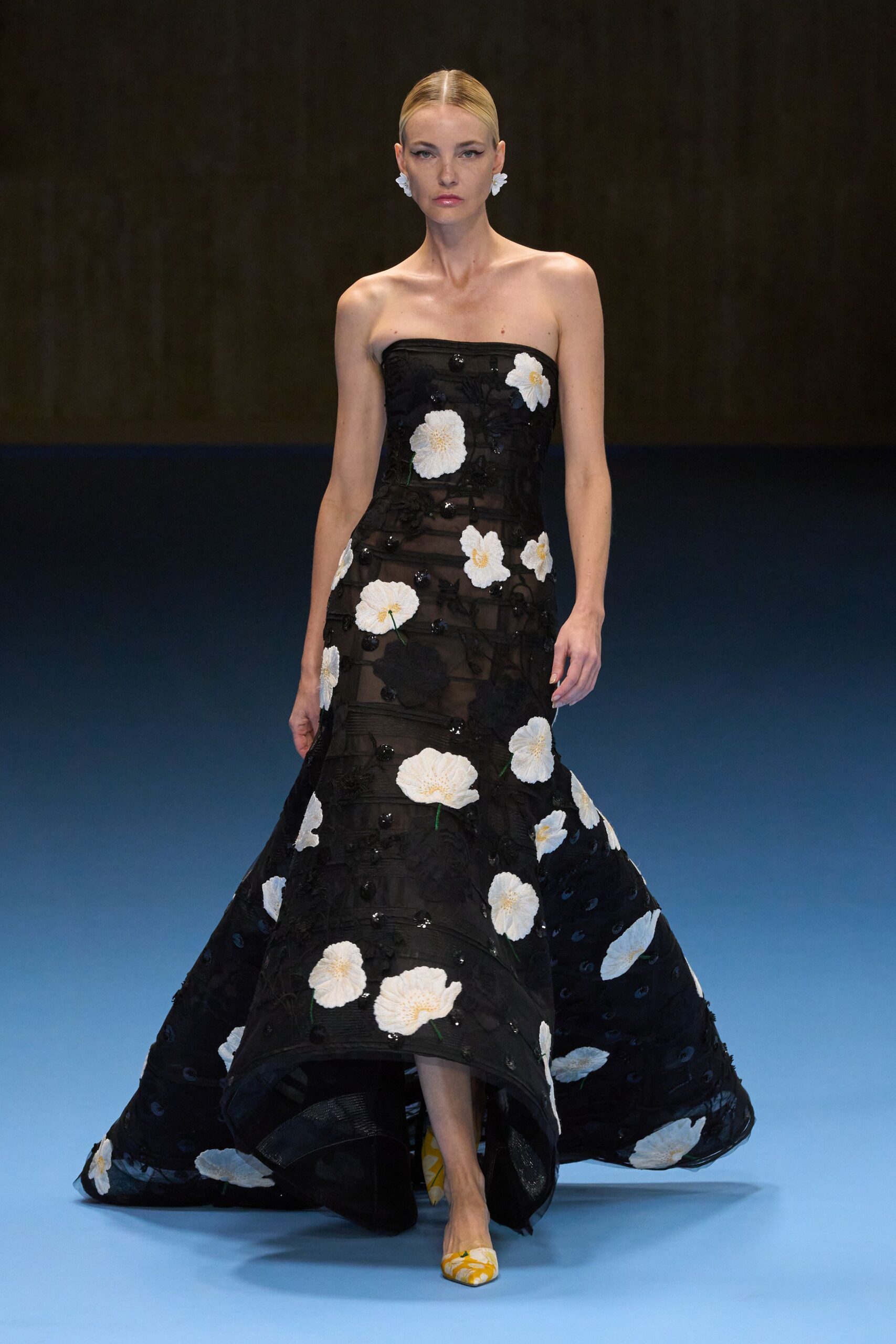 black silk strapless fitted embroidered flared maxi gown