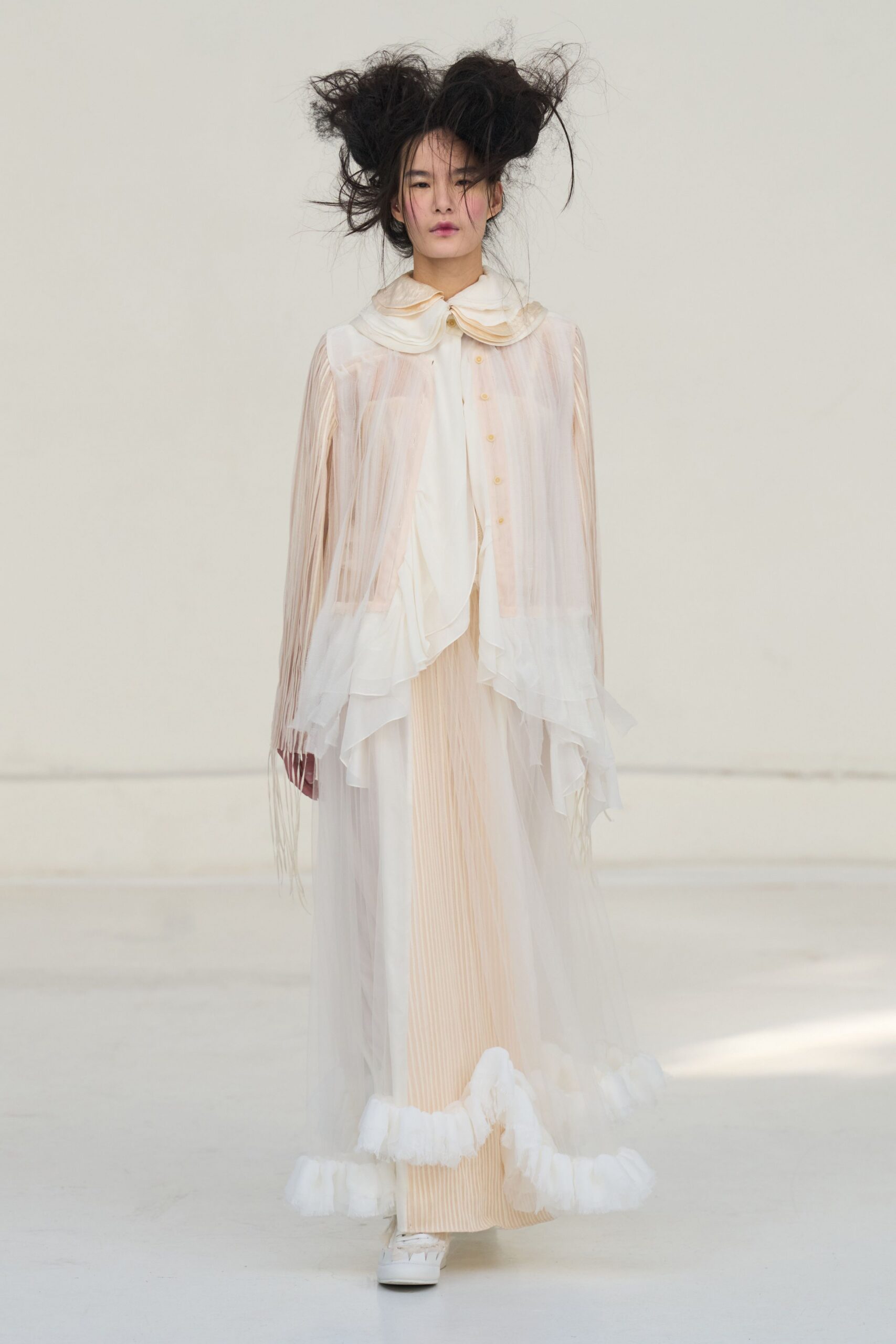 white silk long-sleeve collared fitted pleated layered dress