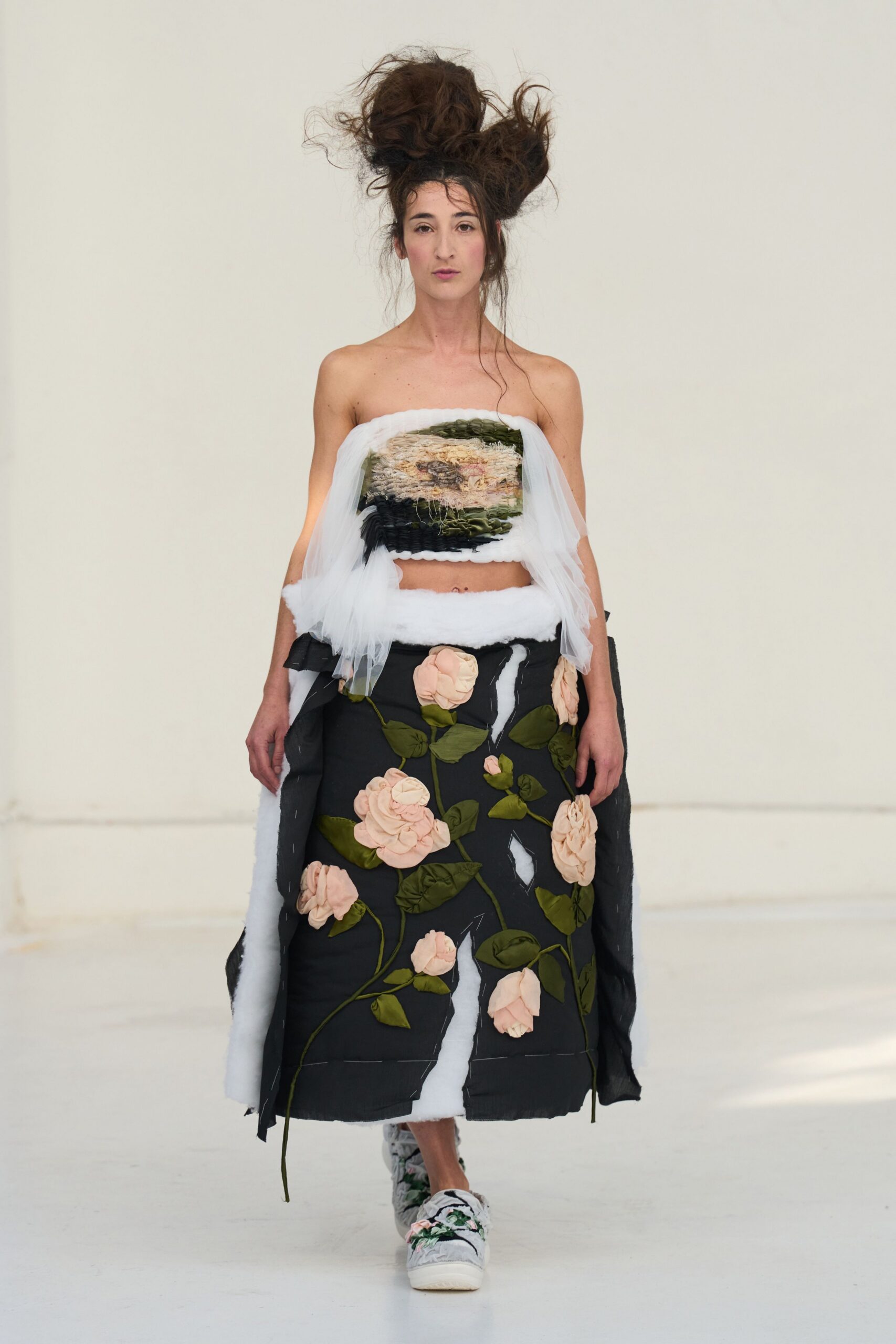 black silk sleeveless off-shoulder fitted embroidered top