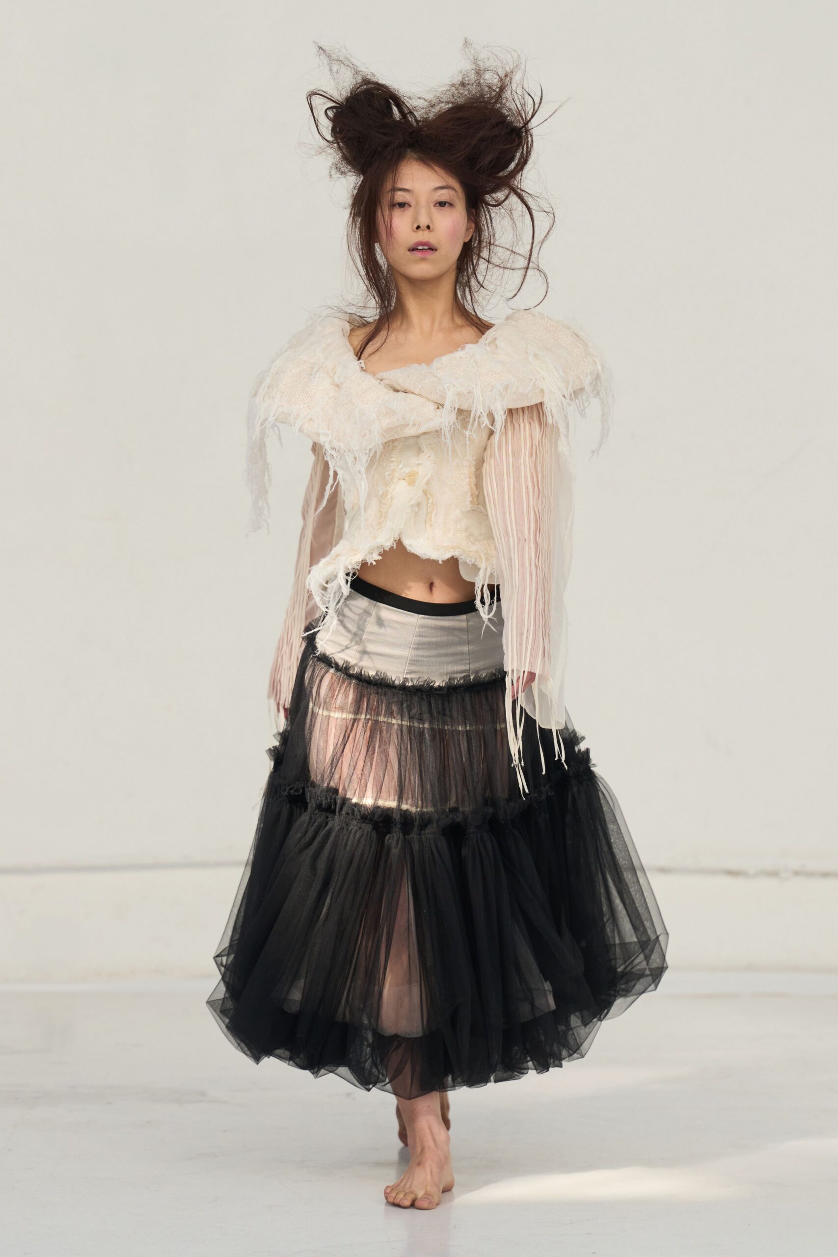 white silk long-sleeve off-shoulder fitted ruffled top