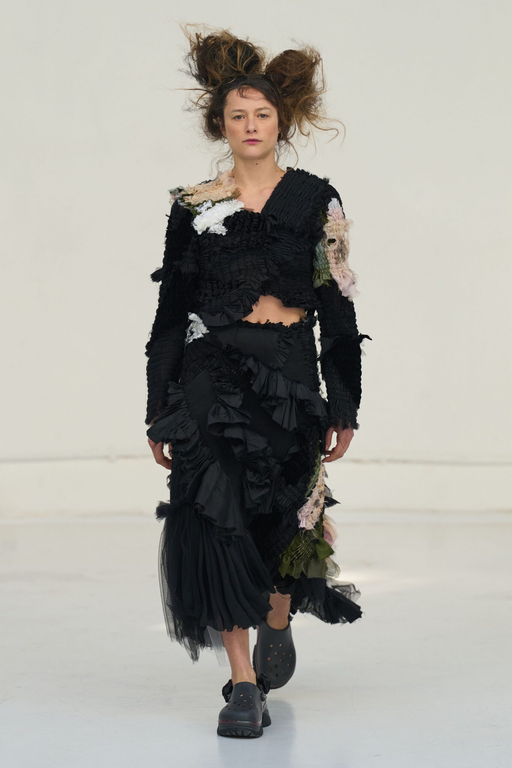 black cotton long-sleeve fitted ruffled layered textured dress