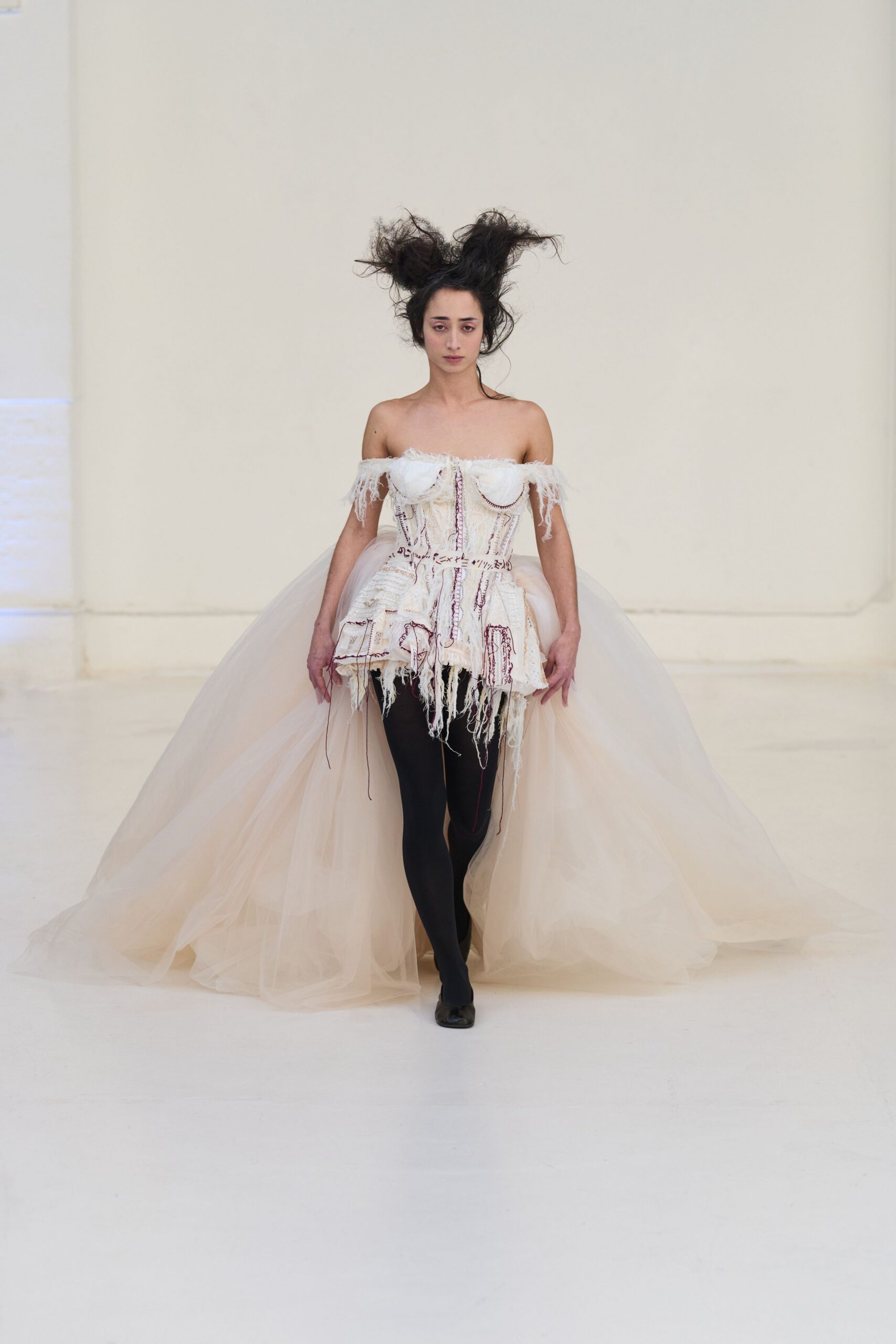 white tulle off-shoulder fitted pleated draped flowing gown