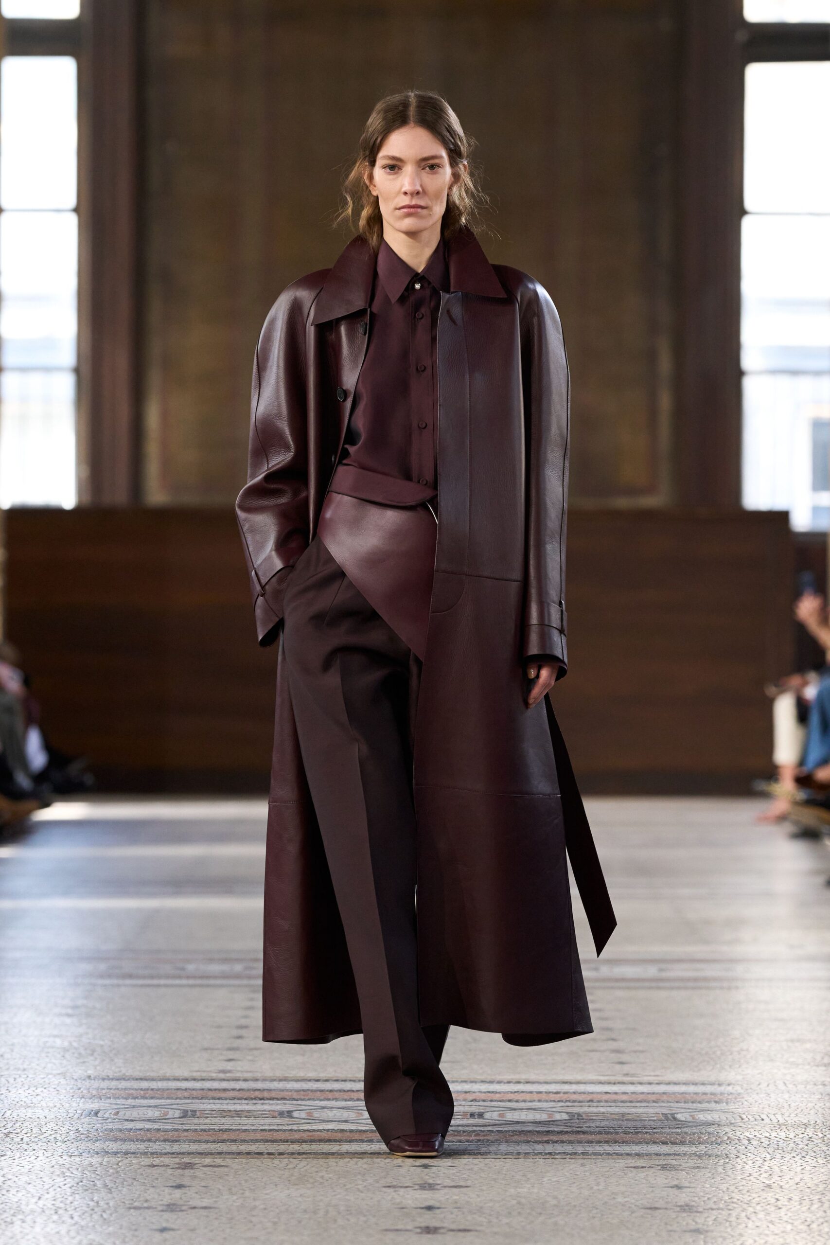 brown leather tailored straight-leg pants