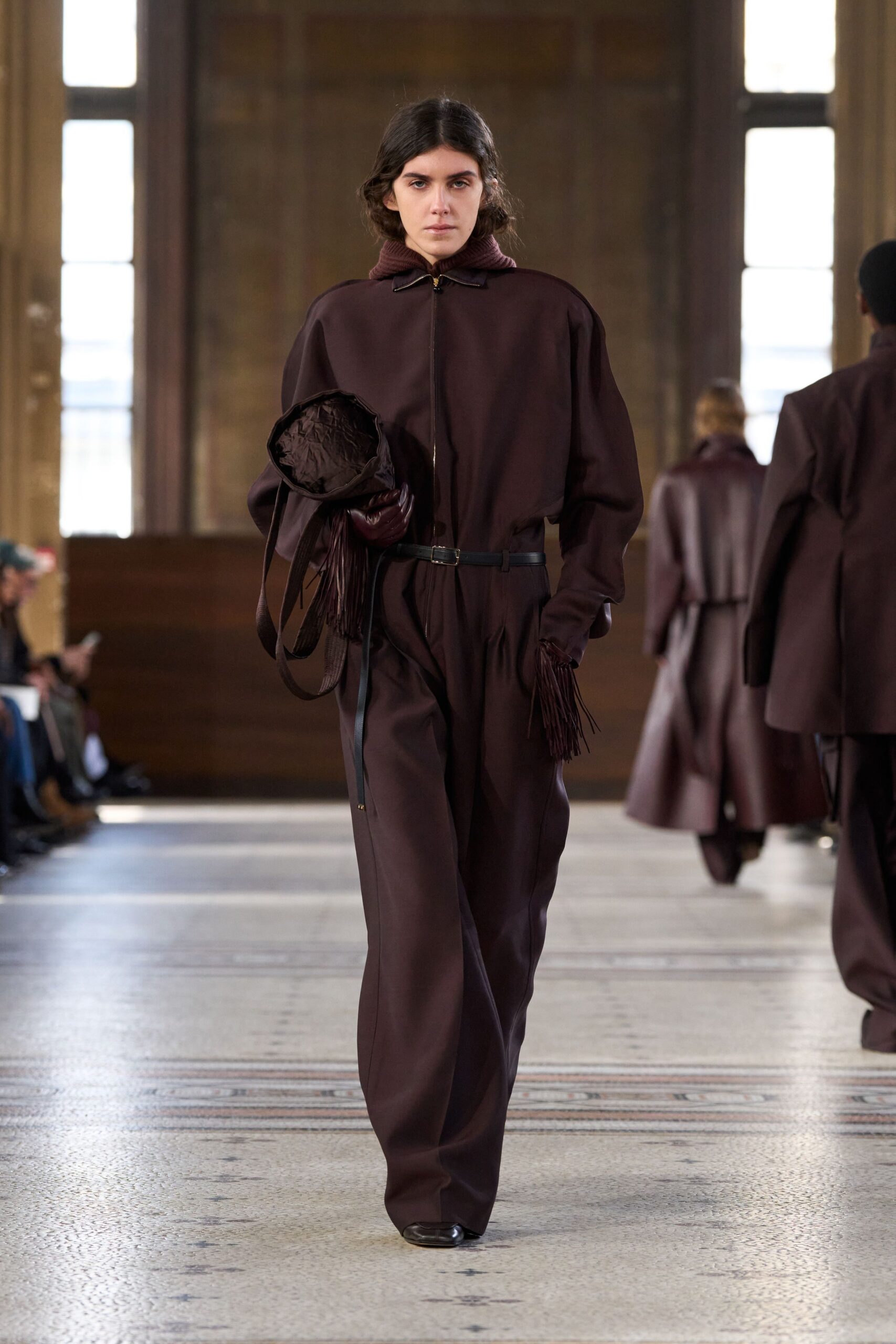 brown wool long-sleeve collared relaxed fringed jacket