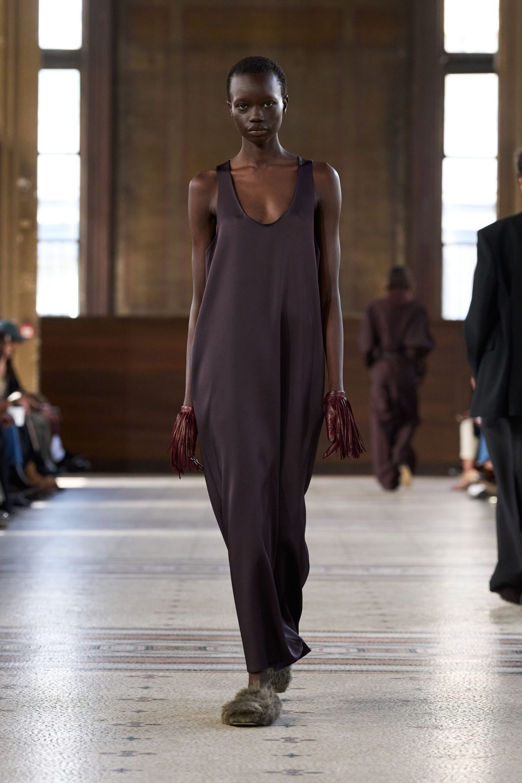 purple silk sleeveless v-neck relaxed flowing maxi gown