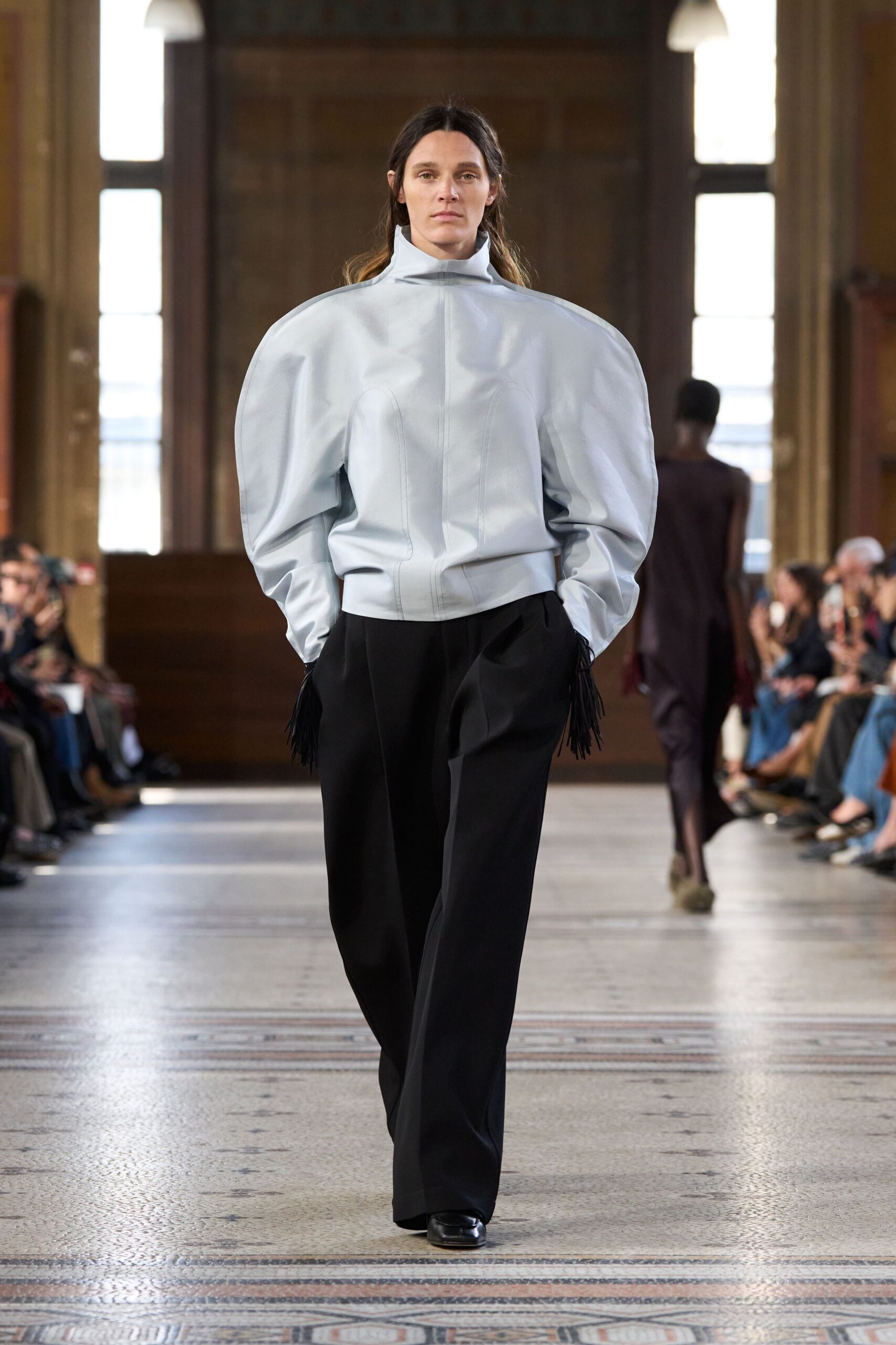 blue cotton long-sleeve collared relaxed padded top