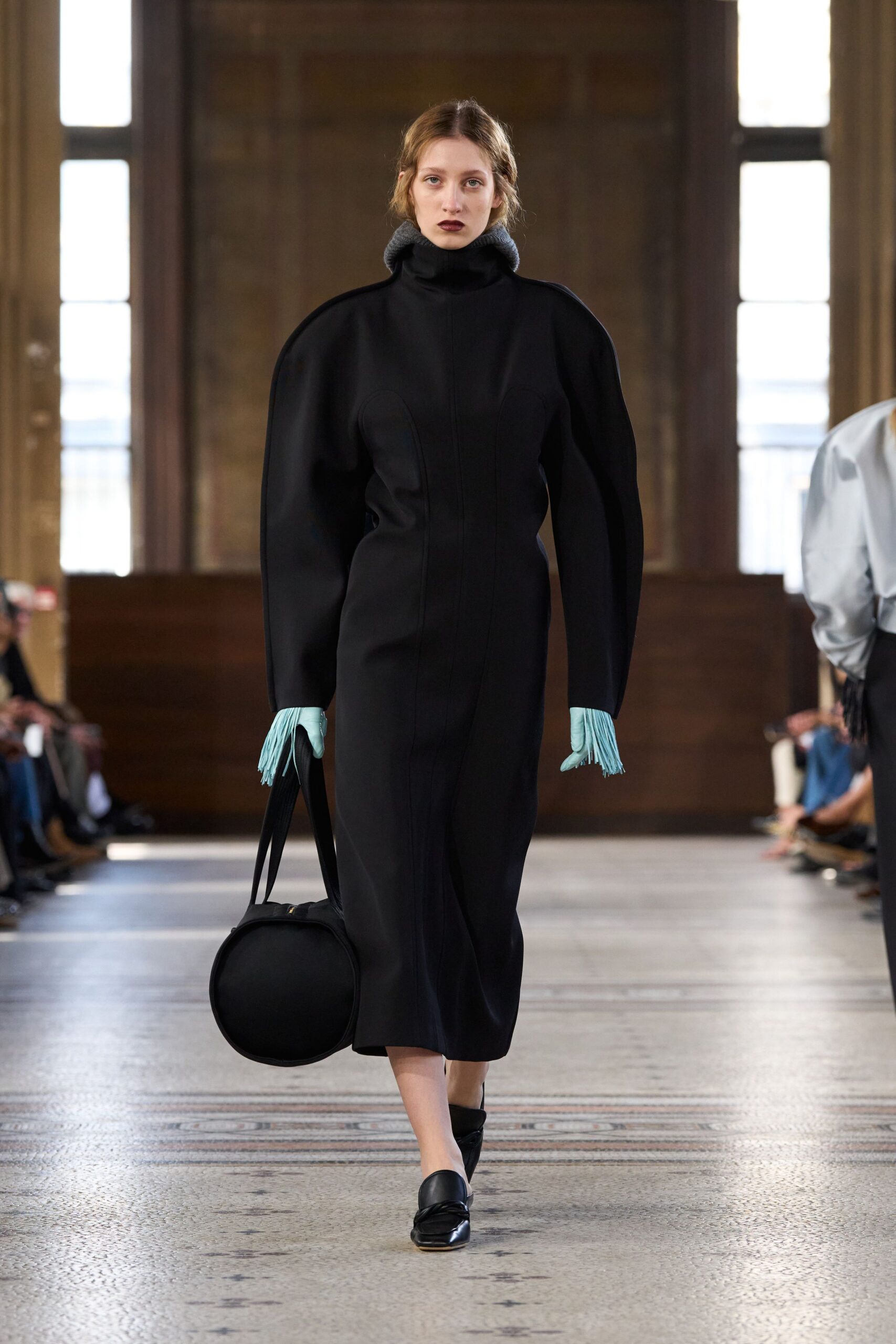 black wool long-sleeve high-neck fitted structured midi dress