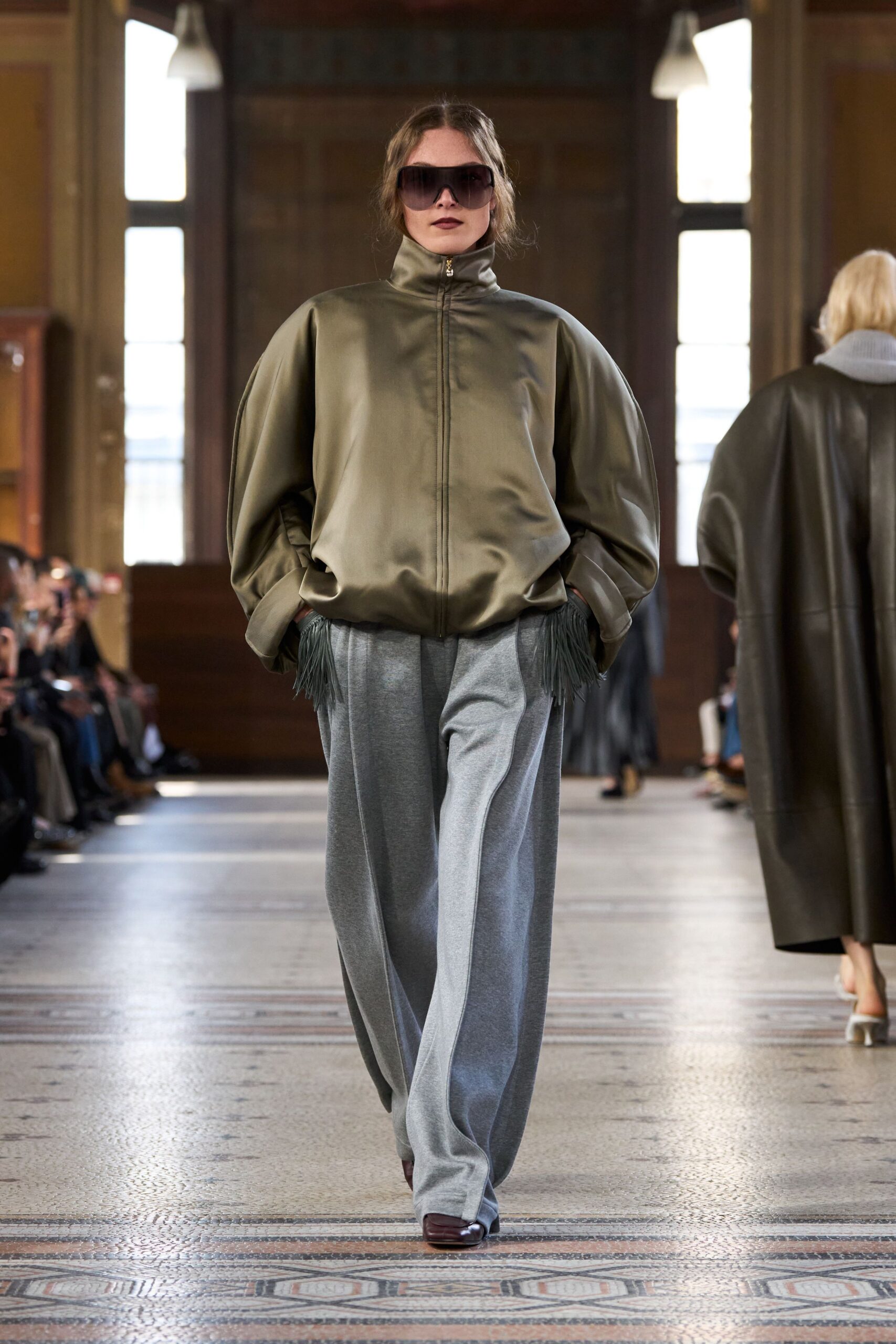 green leather long-sleeve collared relaxed fringed jacket
