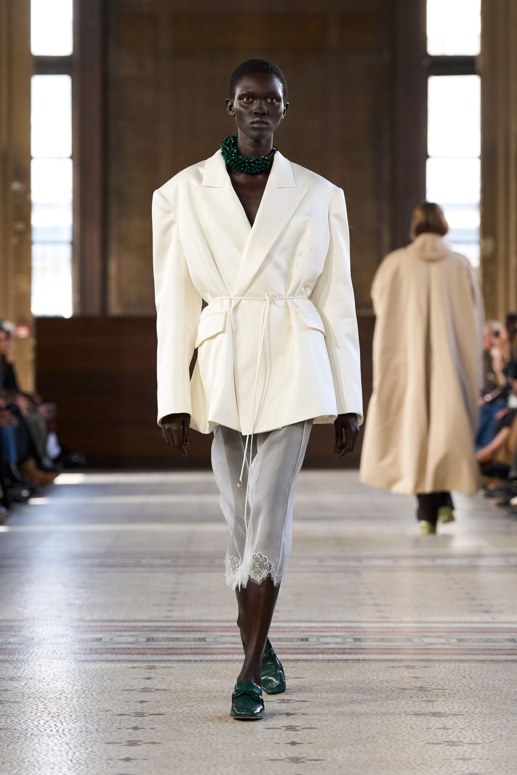 white cotton long-sleeve collared oversized belted blazer