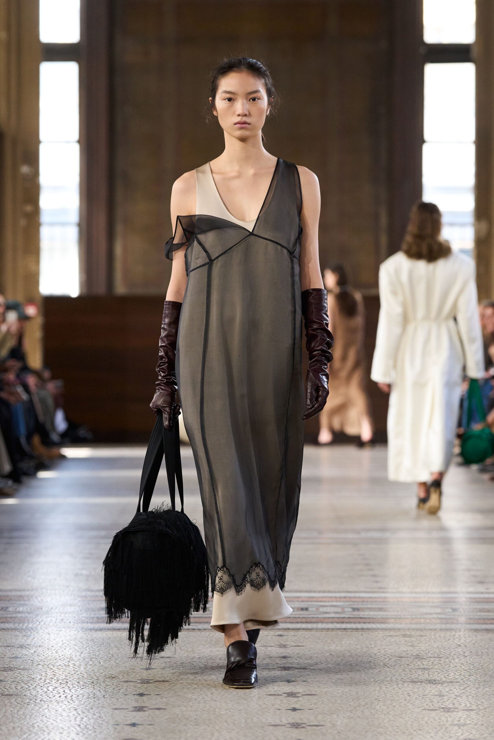 black silk sleeveless v-neck fitted layered draped dress