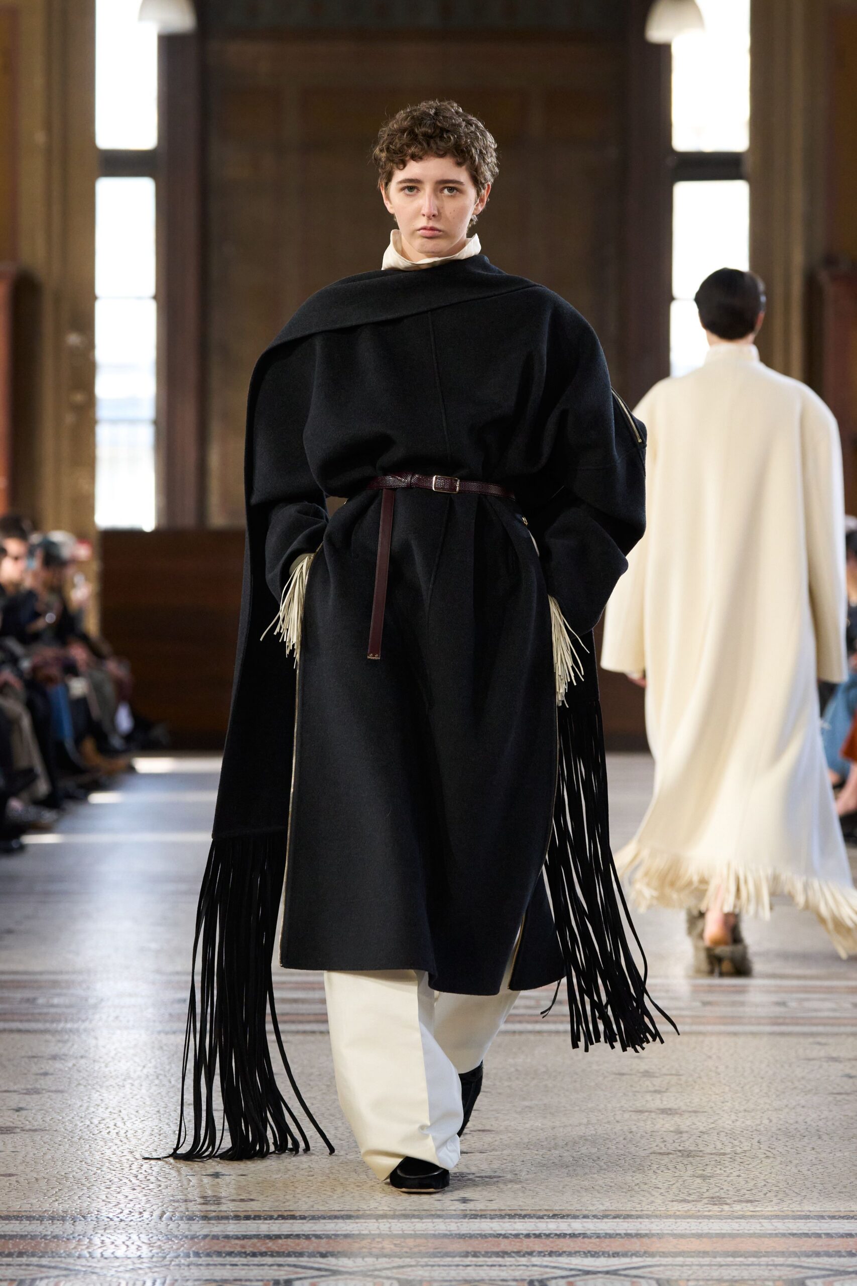 black wool long-sleeve collared relaxed fringed coat