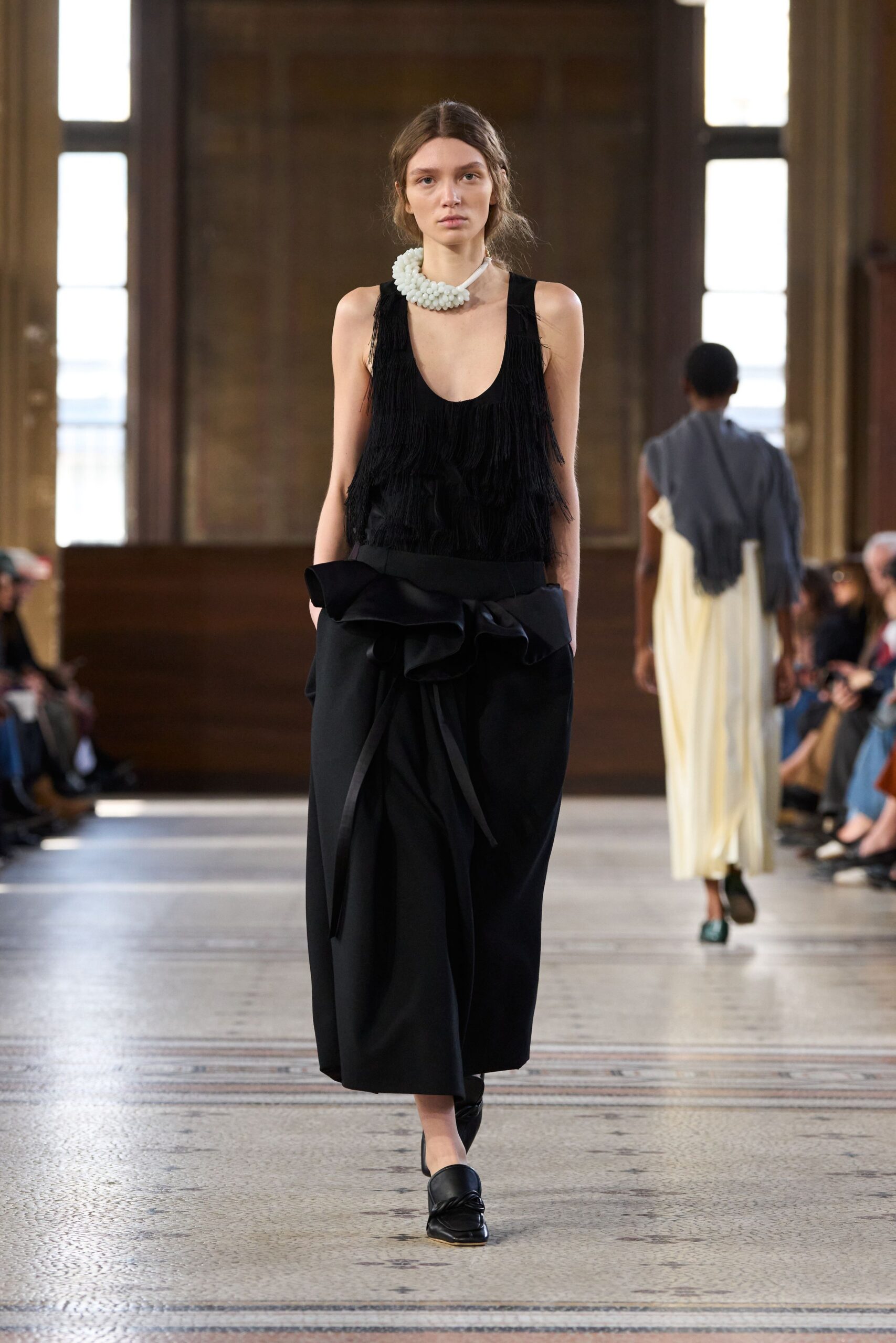 black silk relaxed belted midi skirt