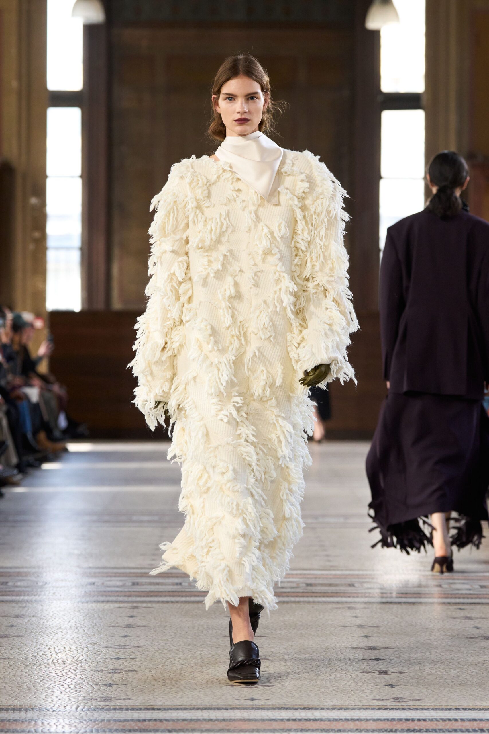 white silk long-sleeve high-neck relaxed fringed maxi dress