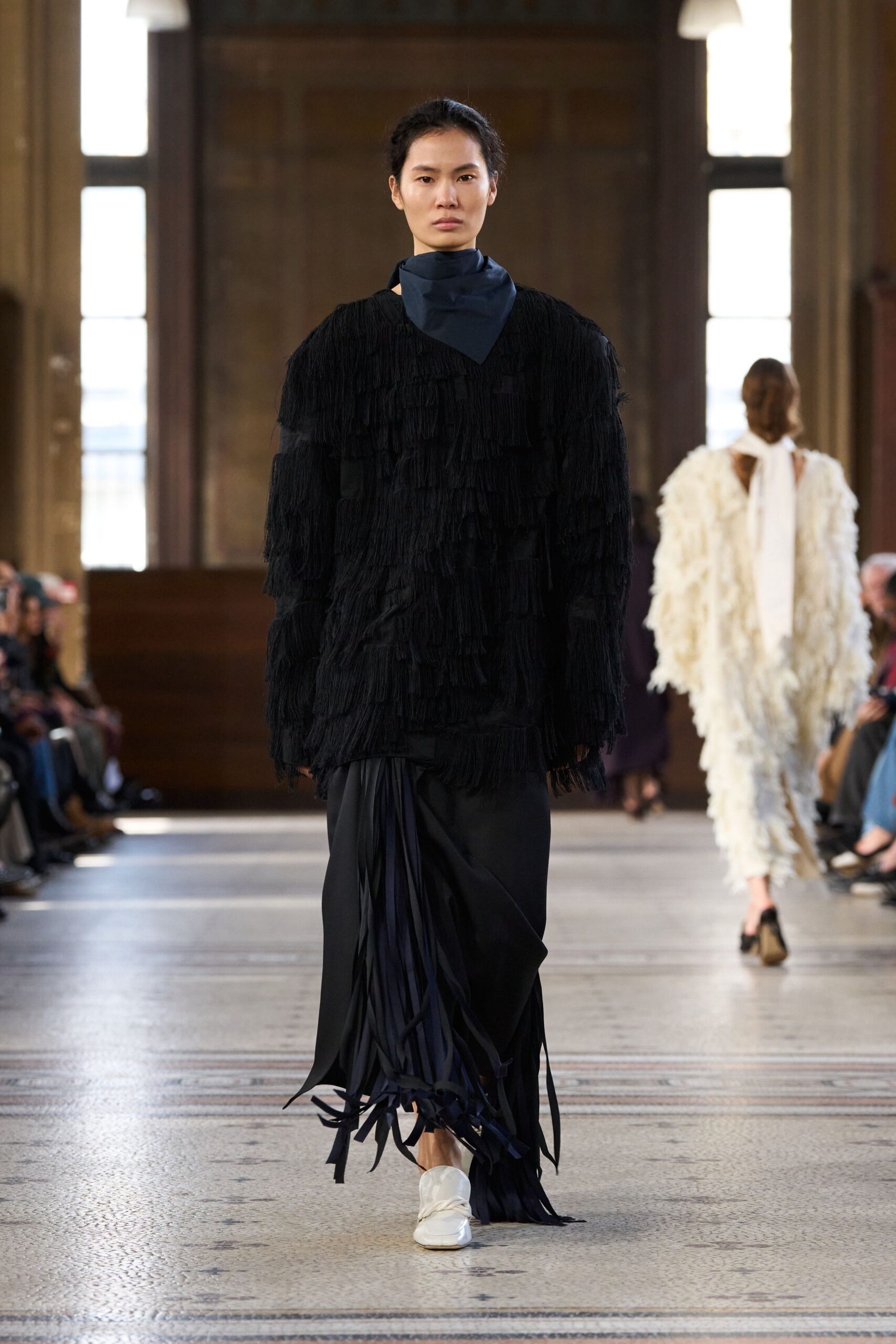 black cotton long-sleeve high-neck oversized fringed top